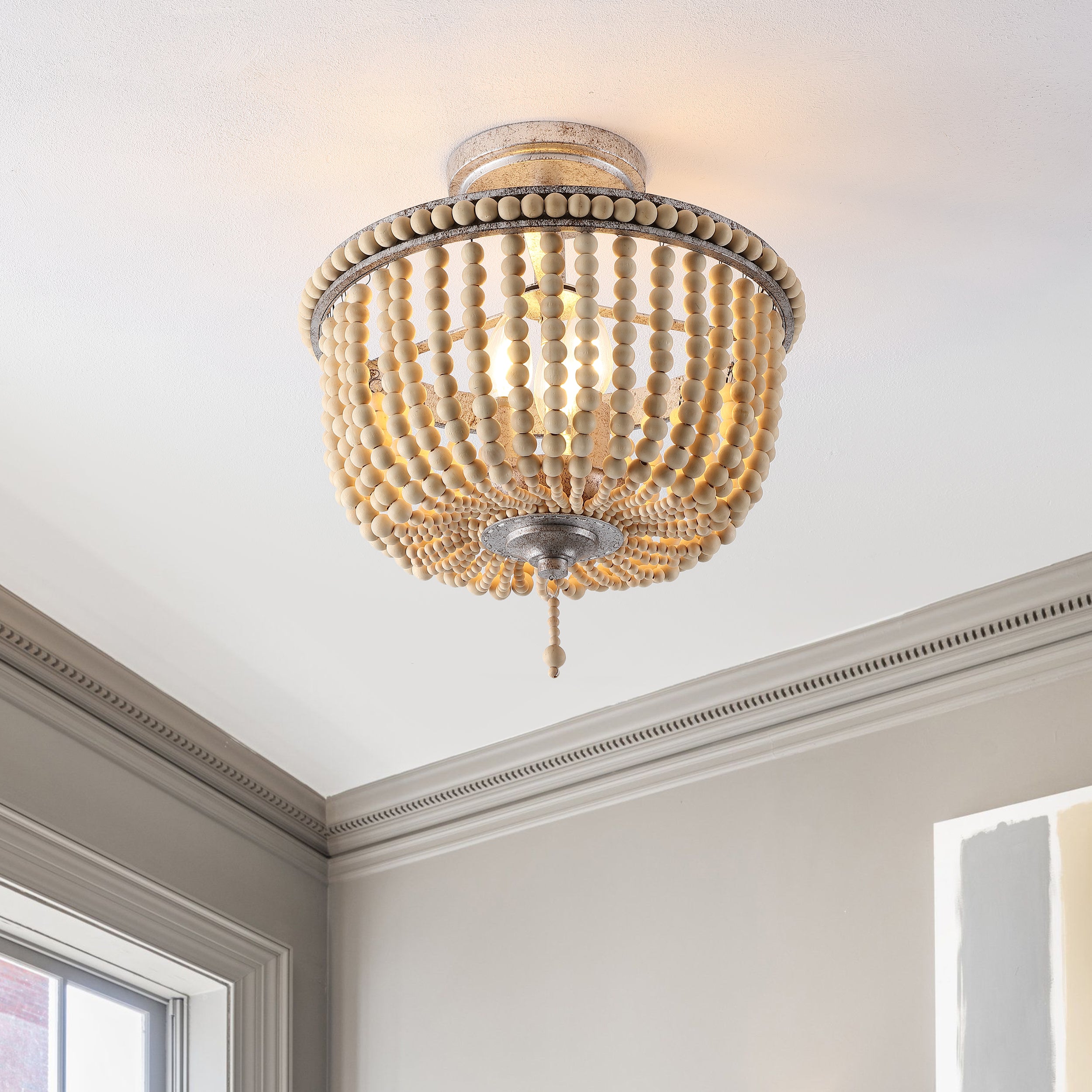 Allie 3-Light Bohemian Farmhouse Wood Bead/Iron LED Semi Flush Mount