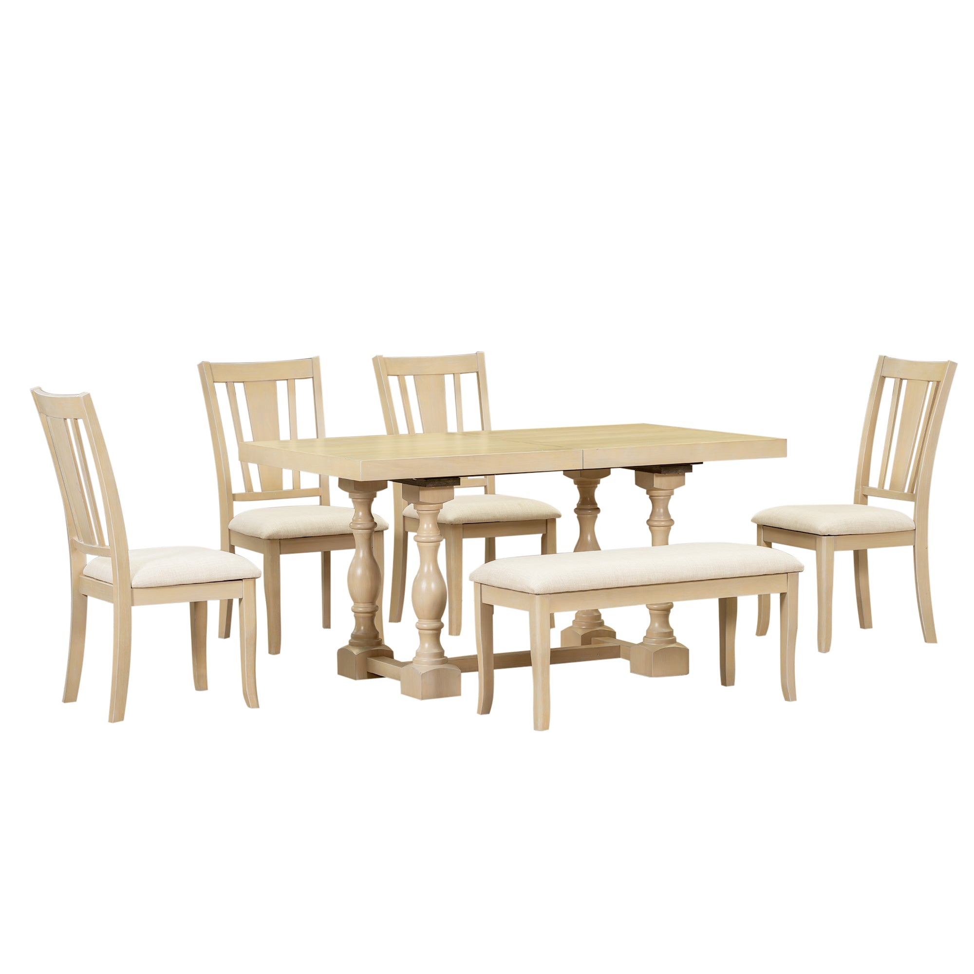6-Piece Dining Set with Removable Leaf Table and Padded Dining Bench and 4 Chairs