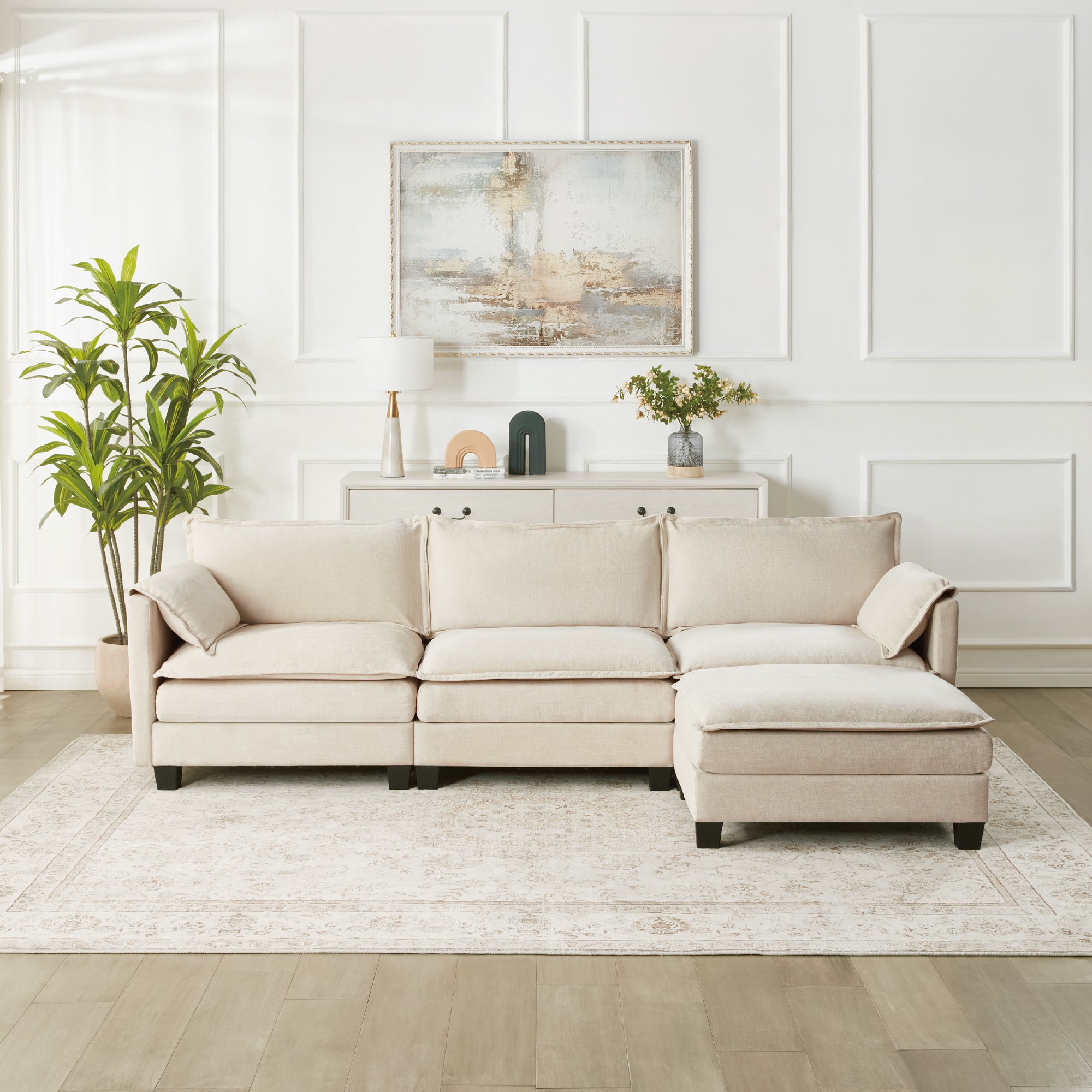 L-Shaped Corduroy Corner Sofa with Storage Armrest Cushions