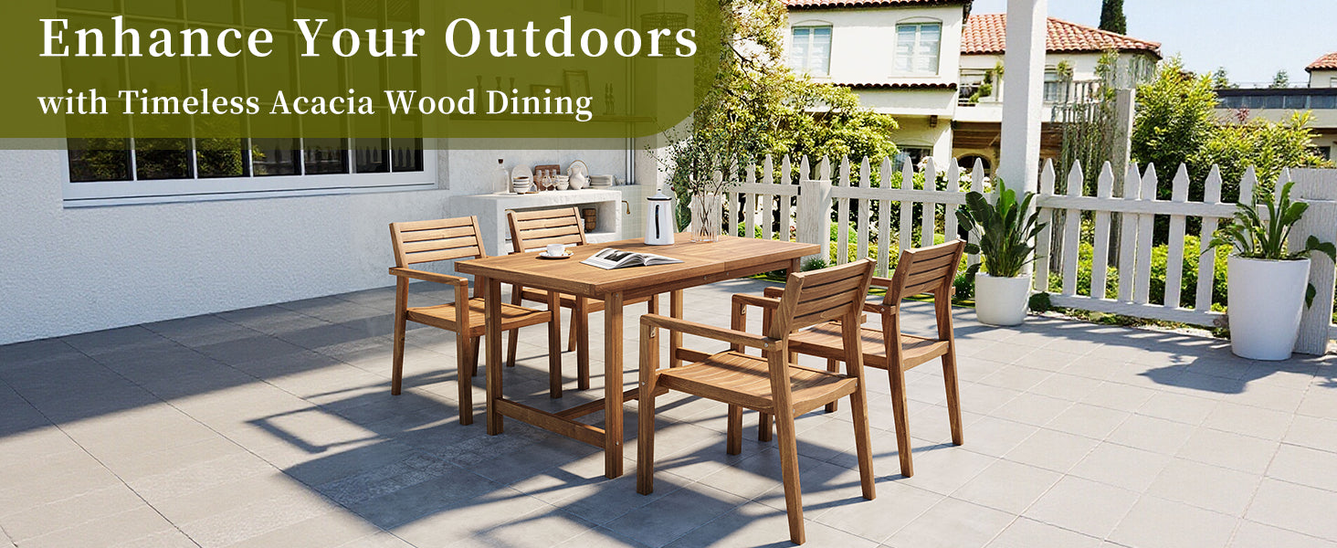 5-Piece Outdoor Acacia Wood Outdoor Dining Set, 59.06-Inch Rectangular Table with Umbrella Hole