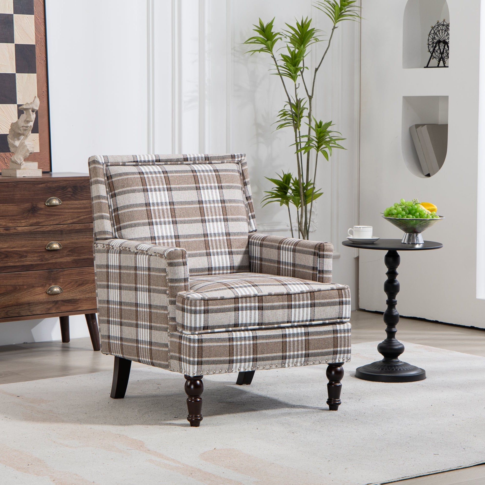 Plaid Nailhead Upholstered Accent Chair
