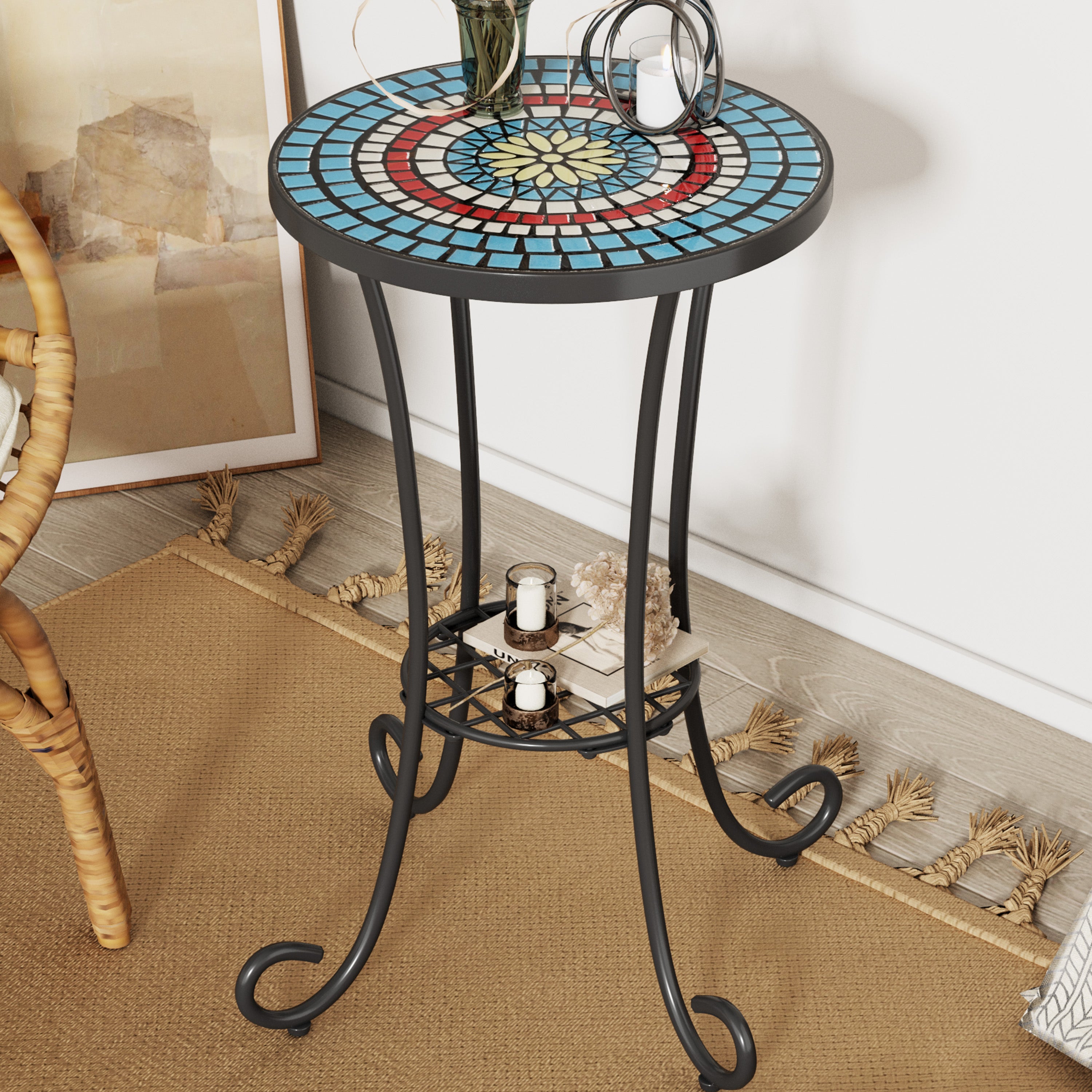 Vortexes Outdoor Side Table with Shelf and Curved Legs