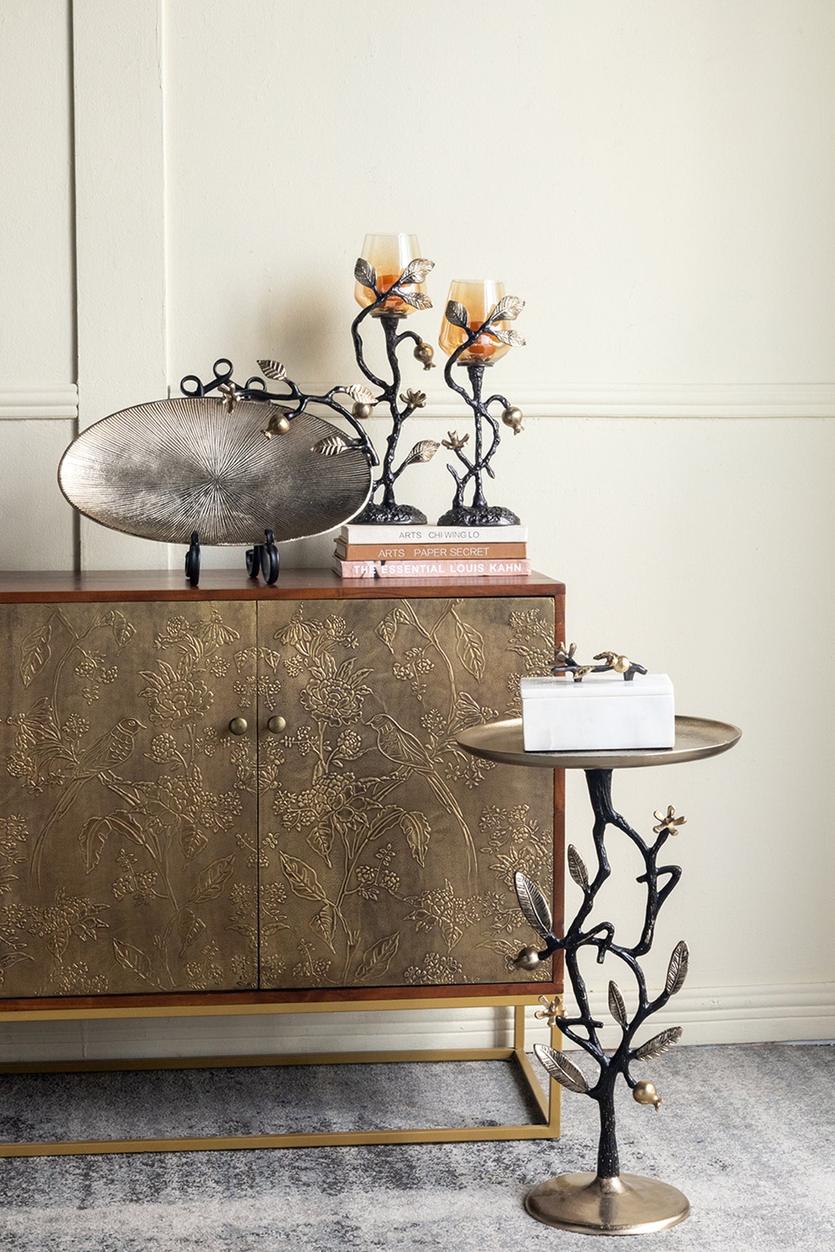 Black And Gold Aluminum Side Table With Delicate Pomegranate Design