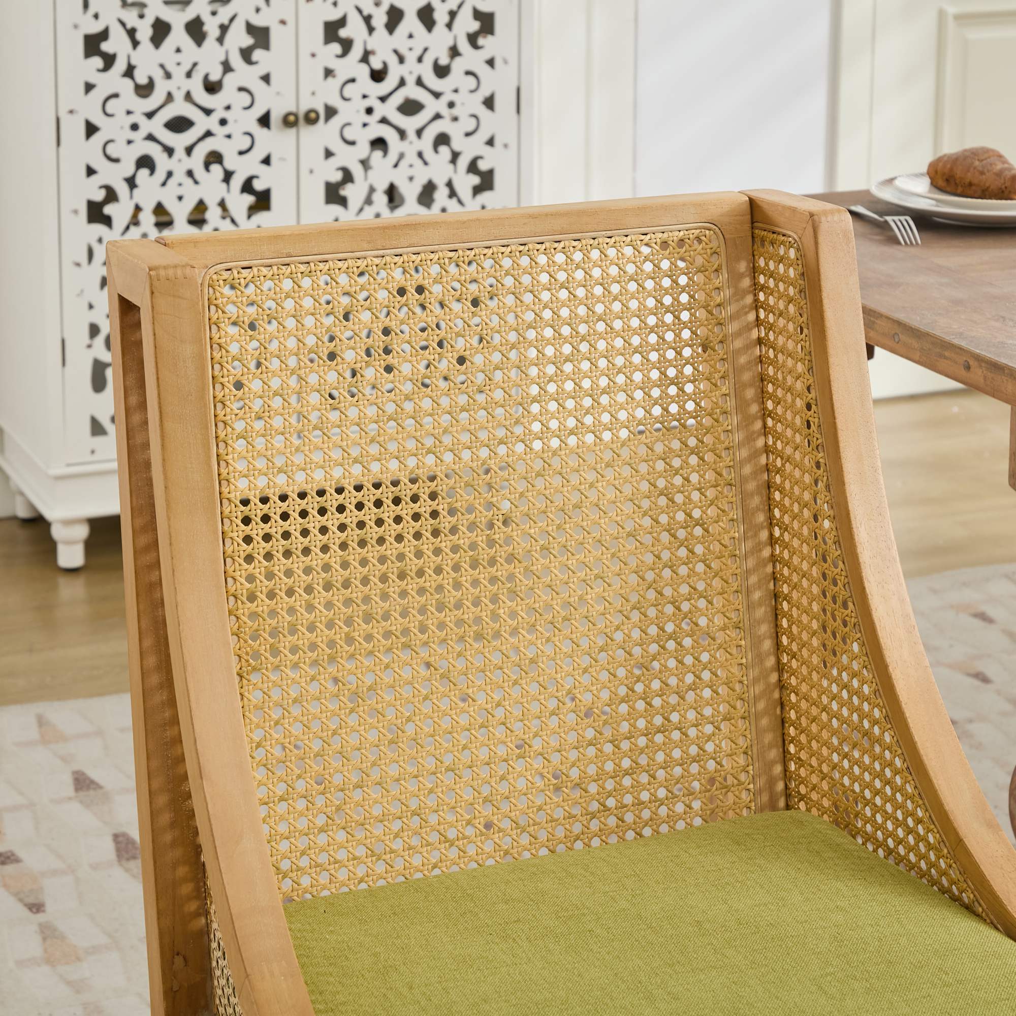 Linen Upholstered Rattan Dining Chair with Decorative Armrests