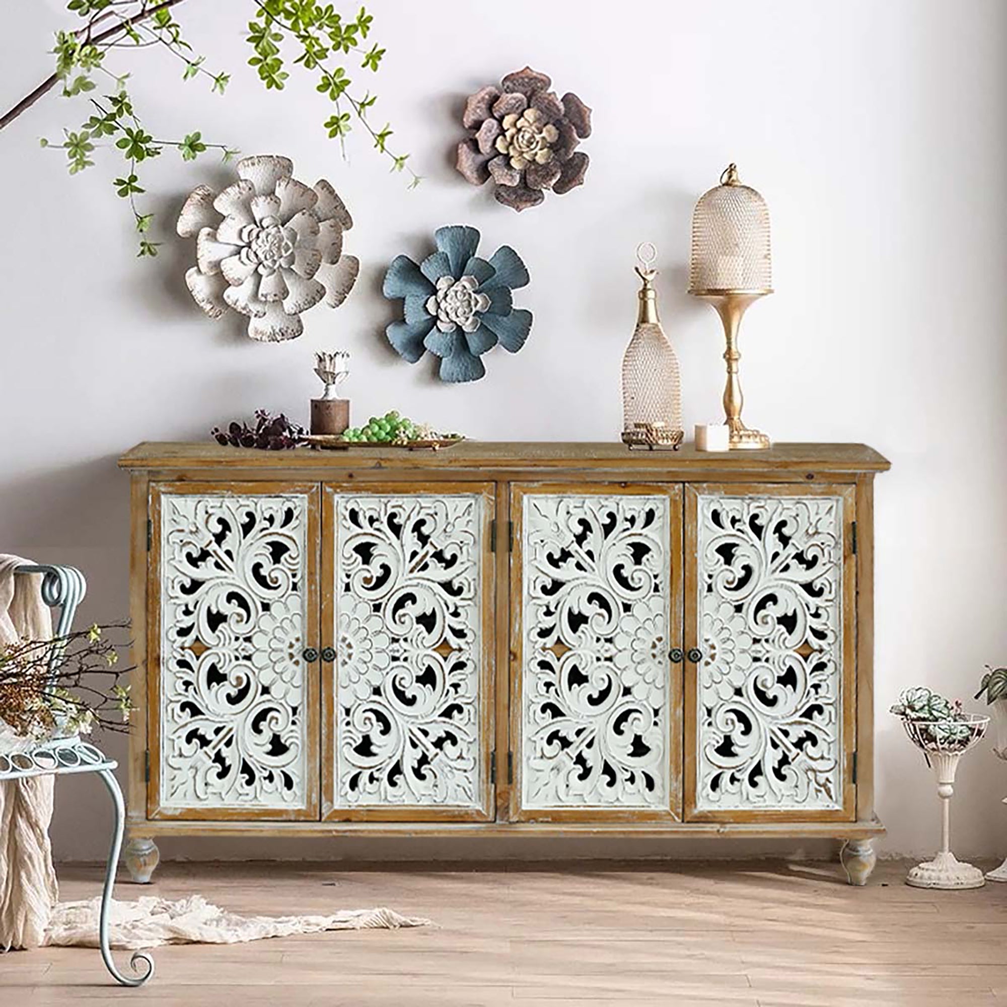 Accent Cabinet with 4 Carved Floral Doors
