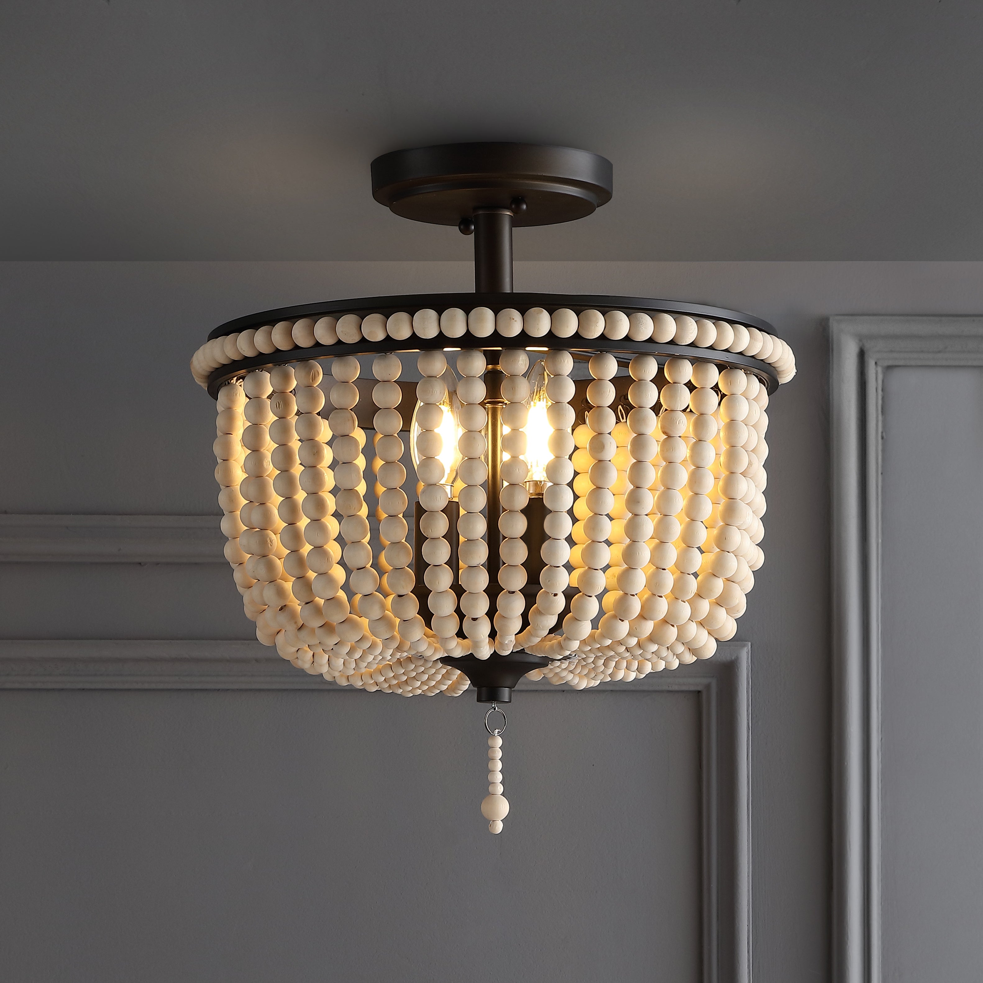 Allie 3-Light Bohemian Farmhouse Wood Bead/Iron LED Semi Flush Mount