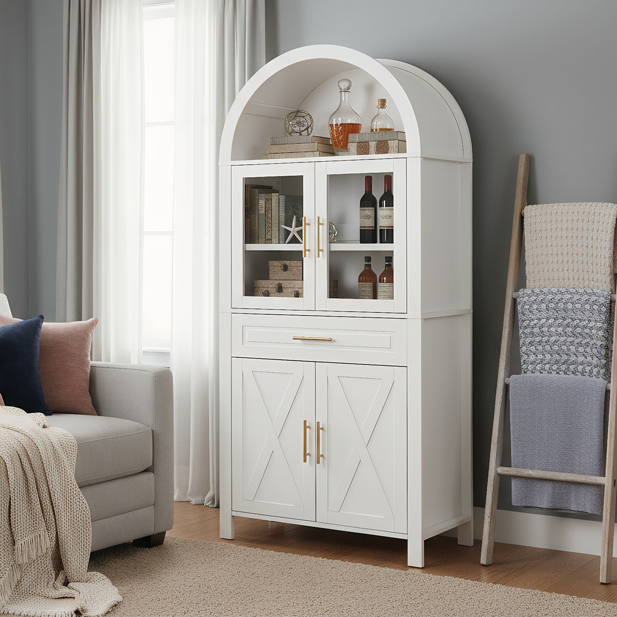 Farmhouse Arched Strage Cabinet with Glass Doors