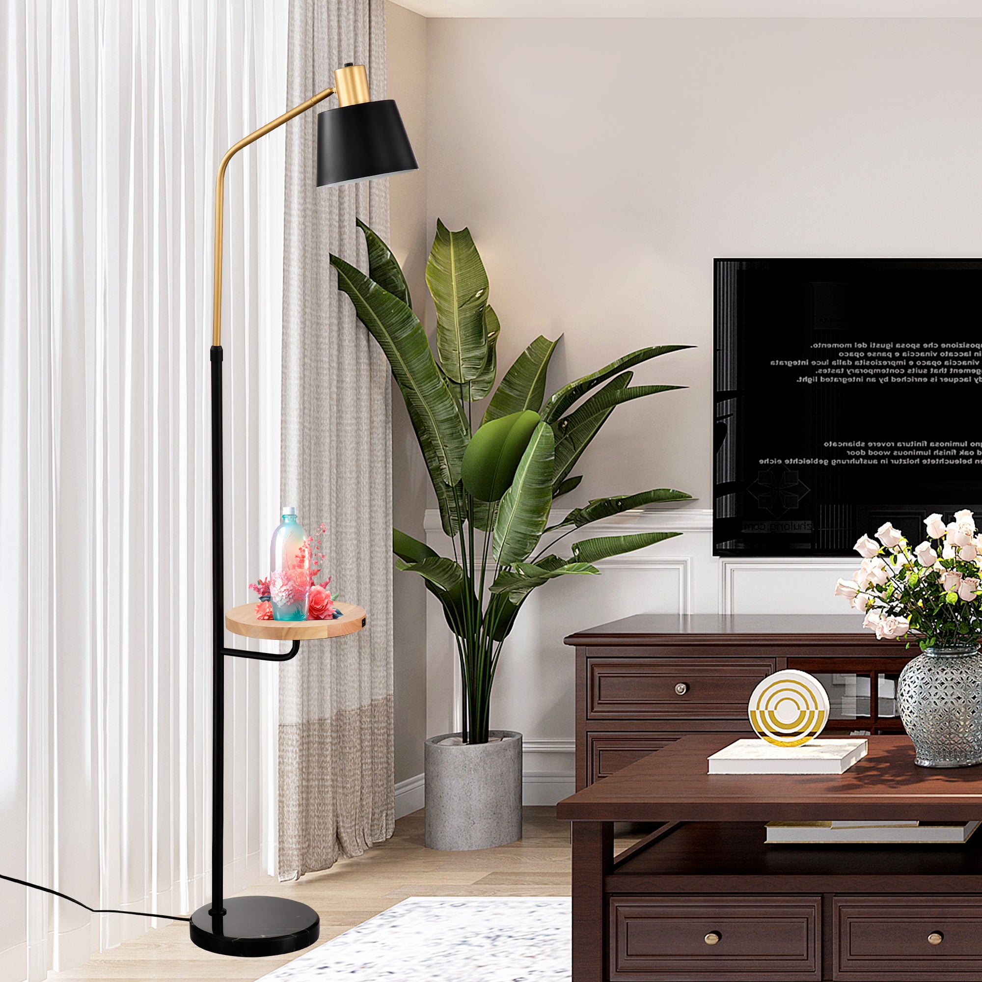 Floor Lamp with Wood Table and Built-in USB Charging Port