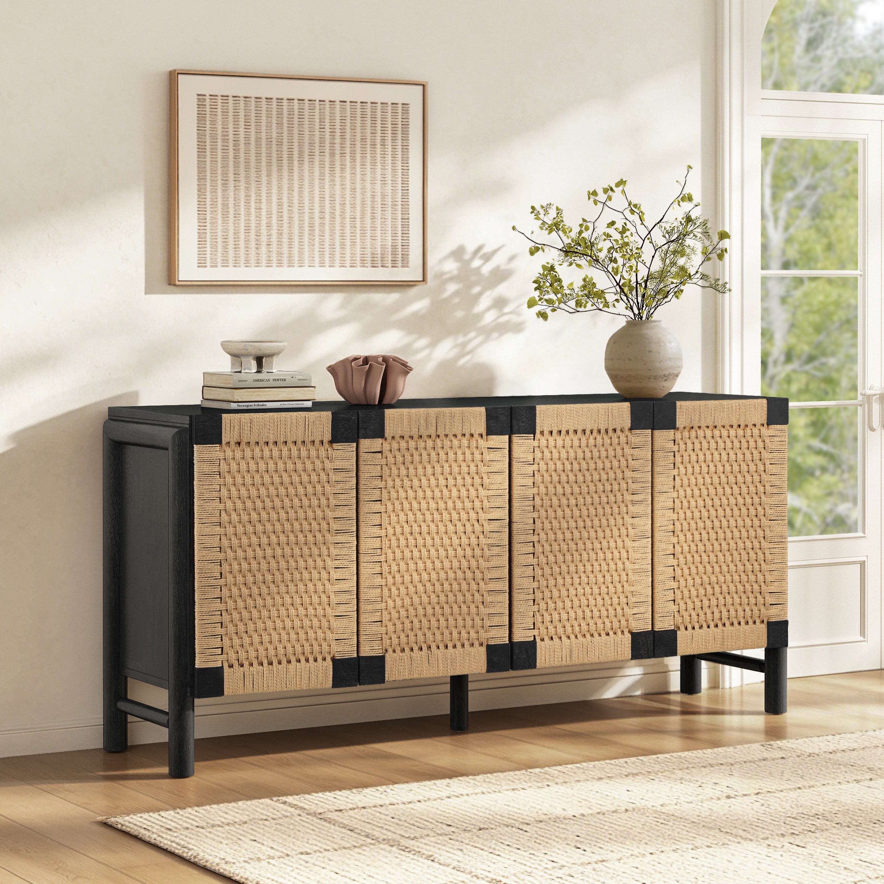 Natural Farmhouse Cabinet with Handwoven Paper Rope Doors