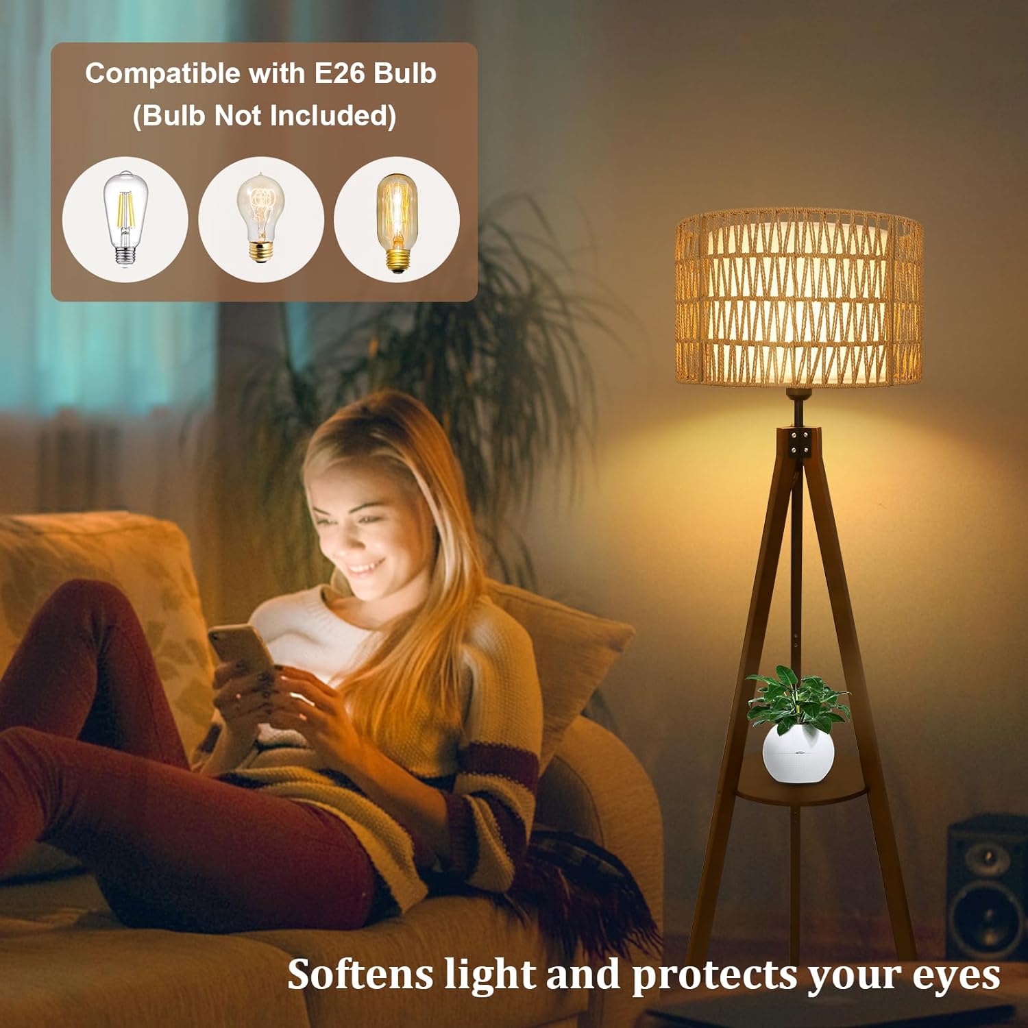 Tripod Floor Lamp with Shelf and Rattan Shades