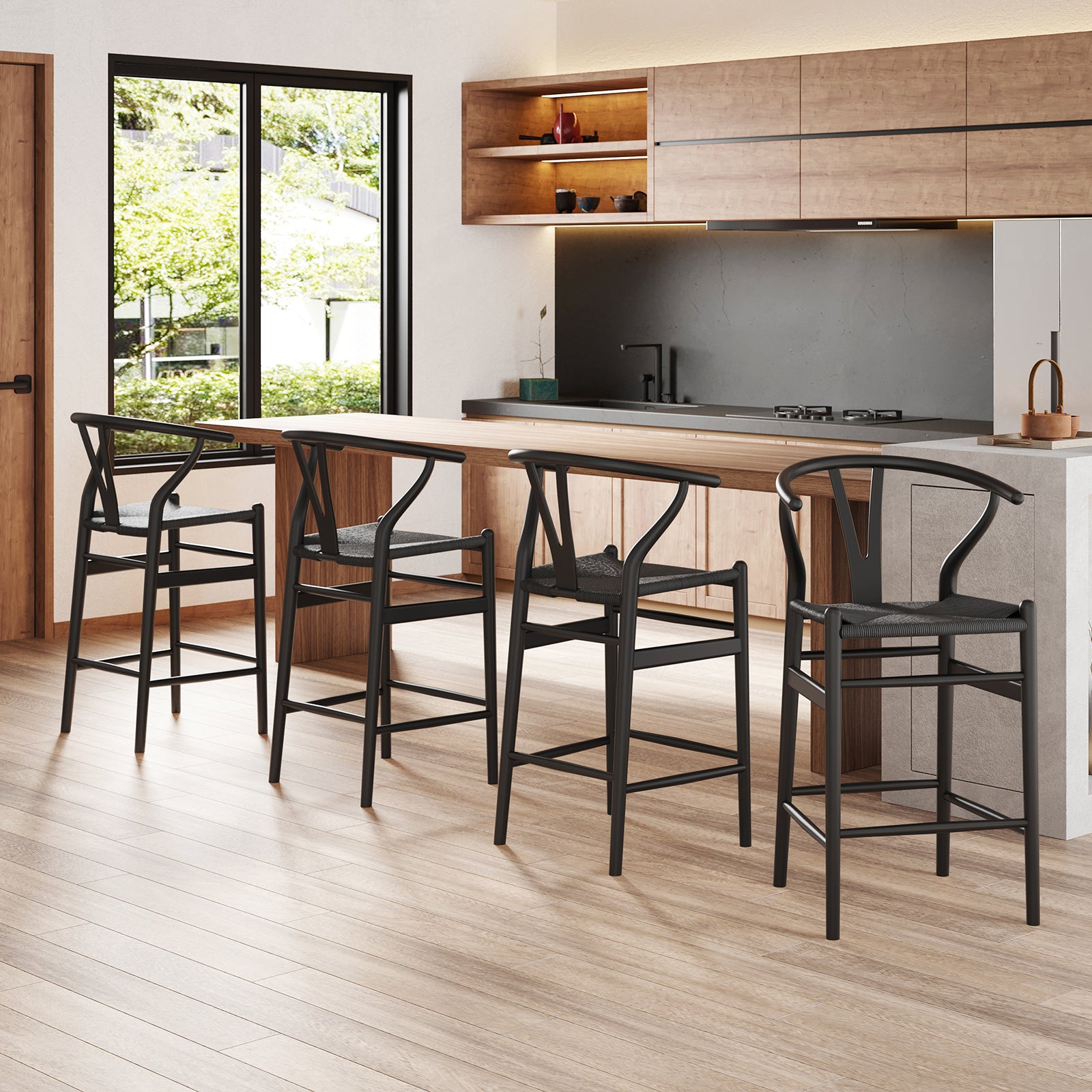 Wishbone Counter Height Barstool with Woven Seat