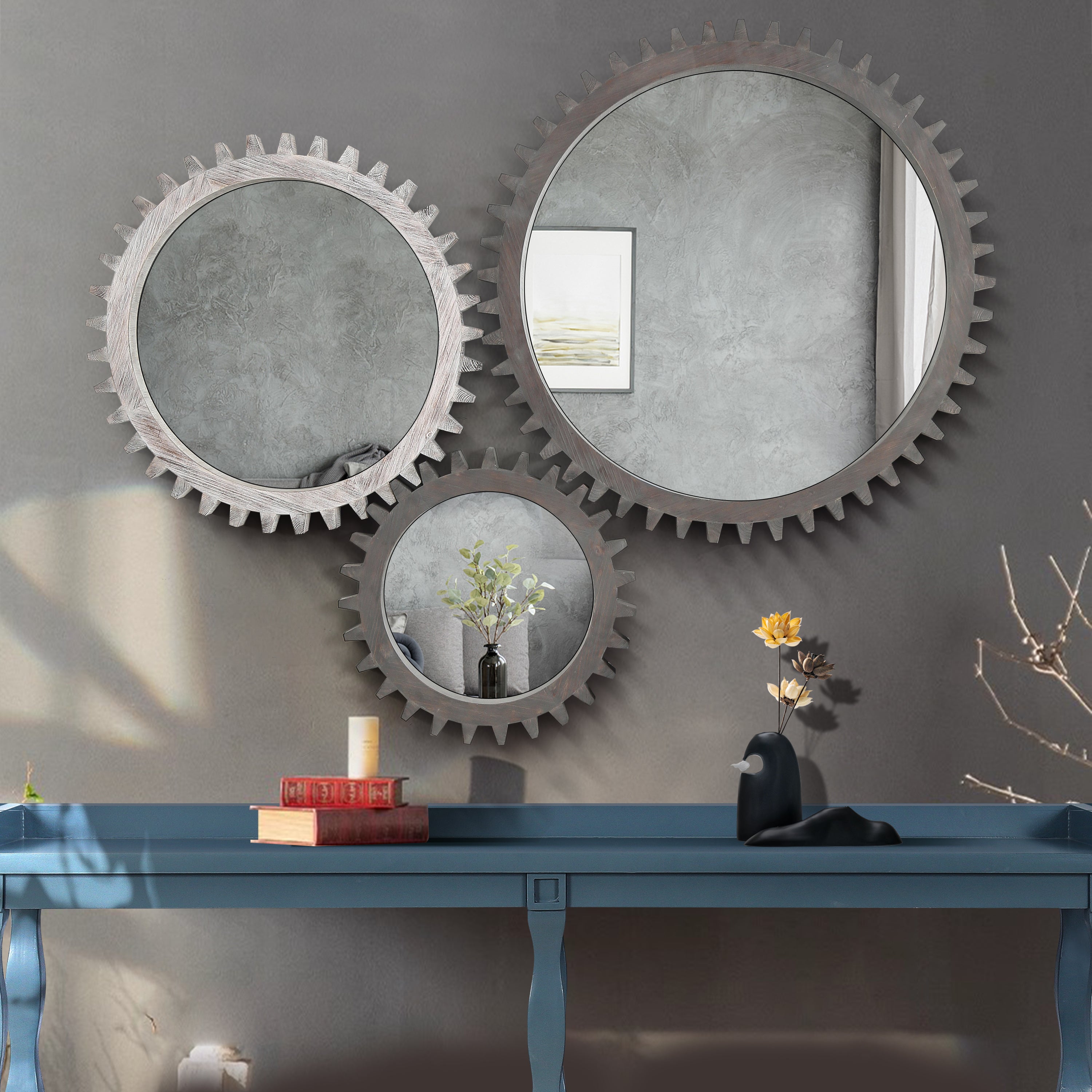 Harmonyx Wall Mirror with Gear Shape and Wood Frame
