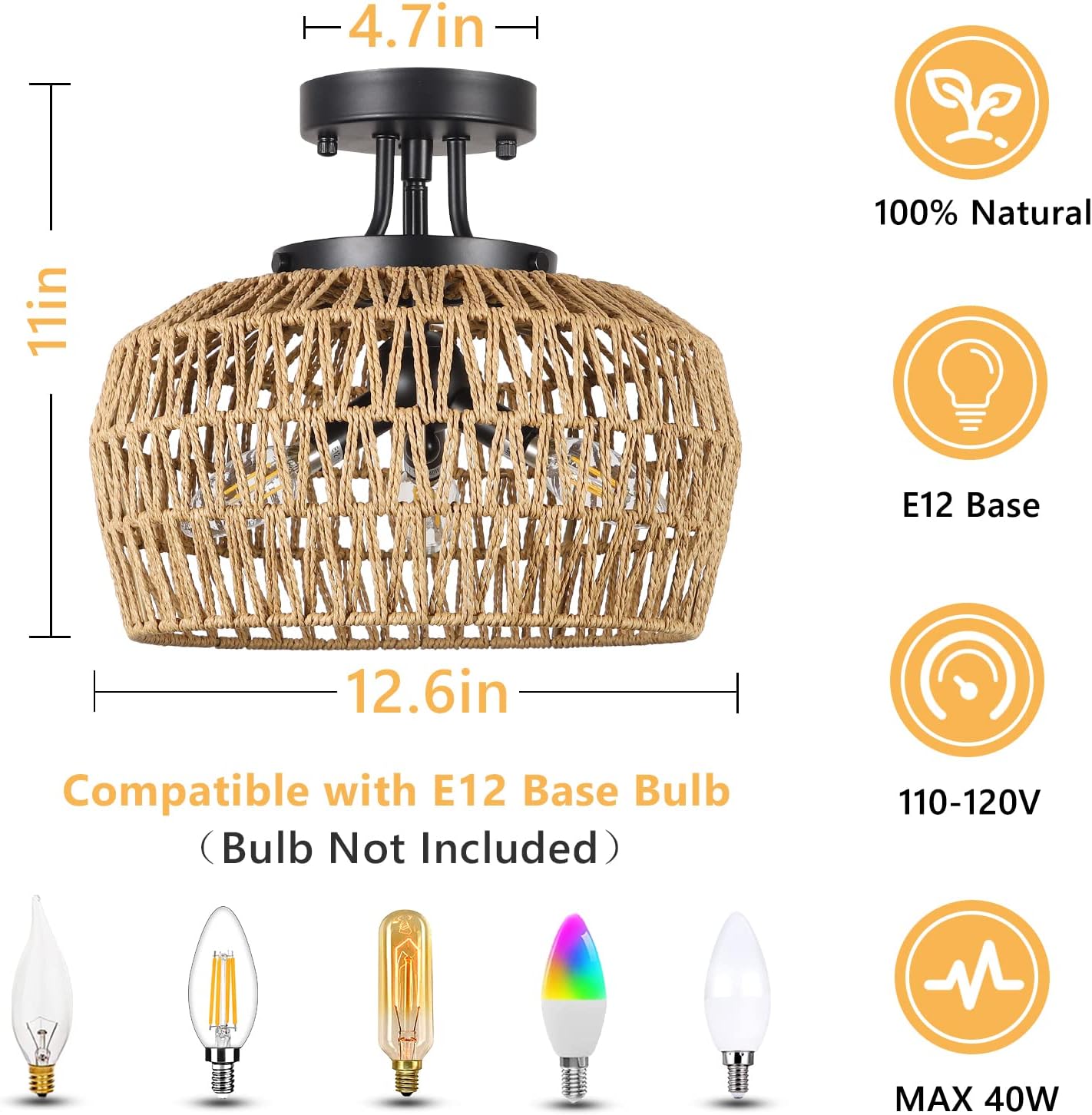 3-Light Semi Flush Mount Ceiling Light with Handmade Wicker Lampshade