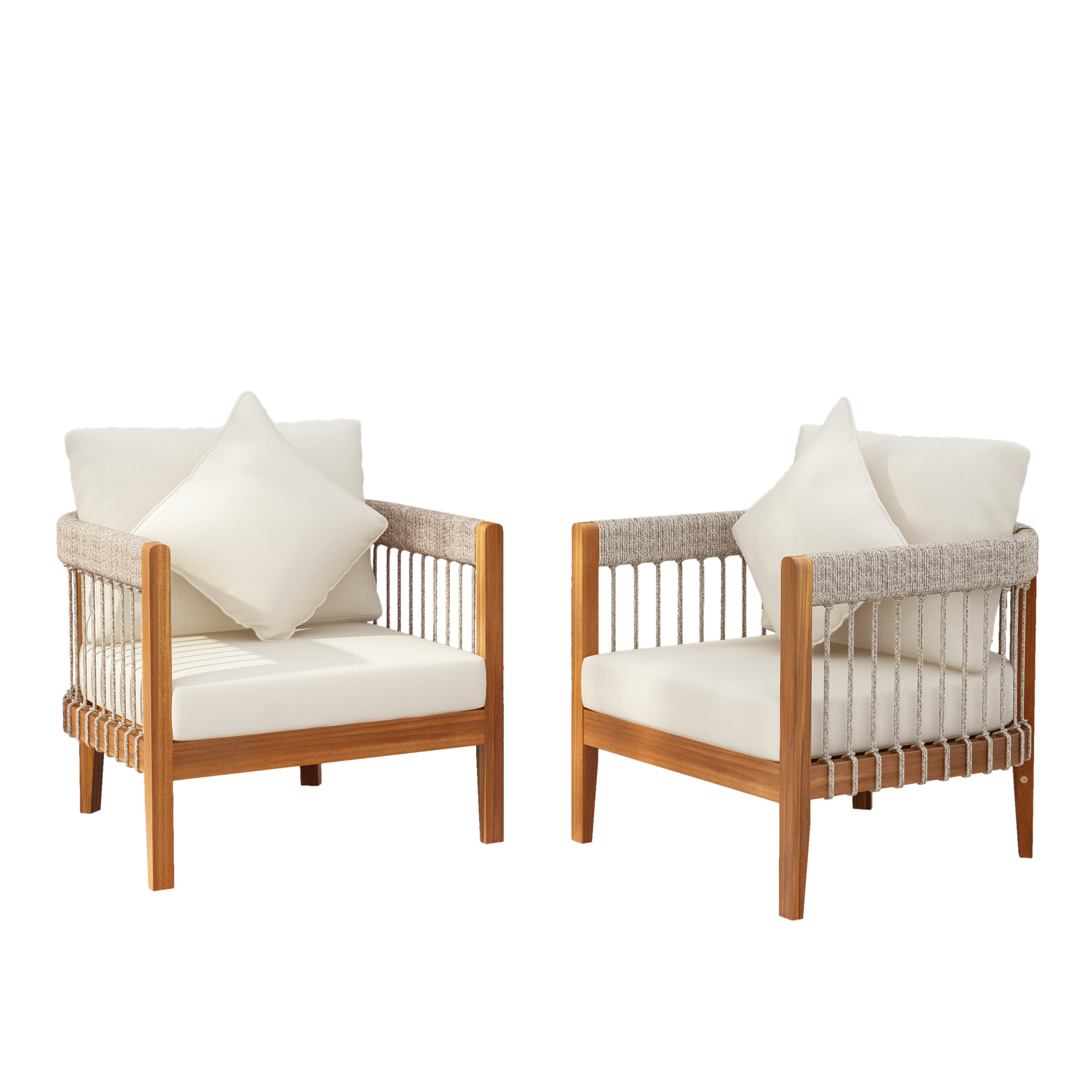 Azari Outdoor Acacia Wood Club Chair with Handwoven Rope Accents & Curved Backrest