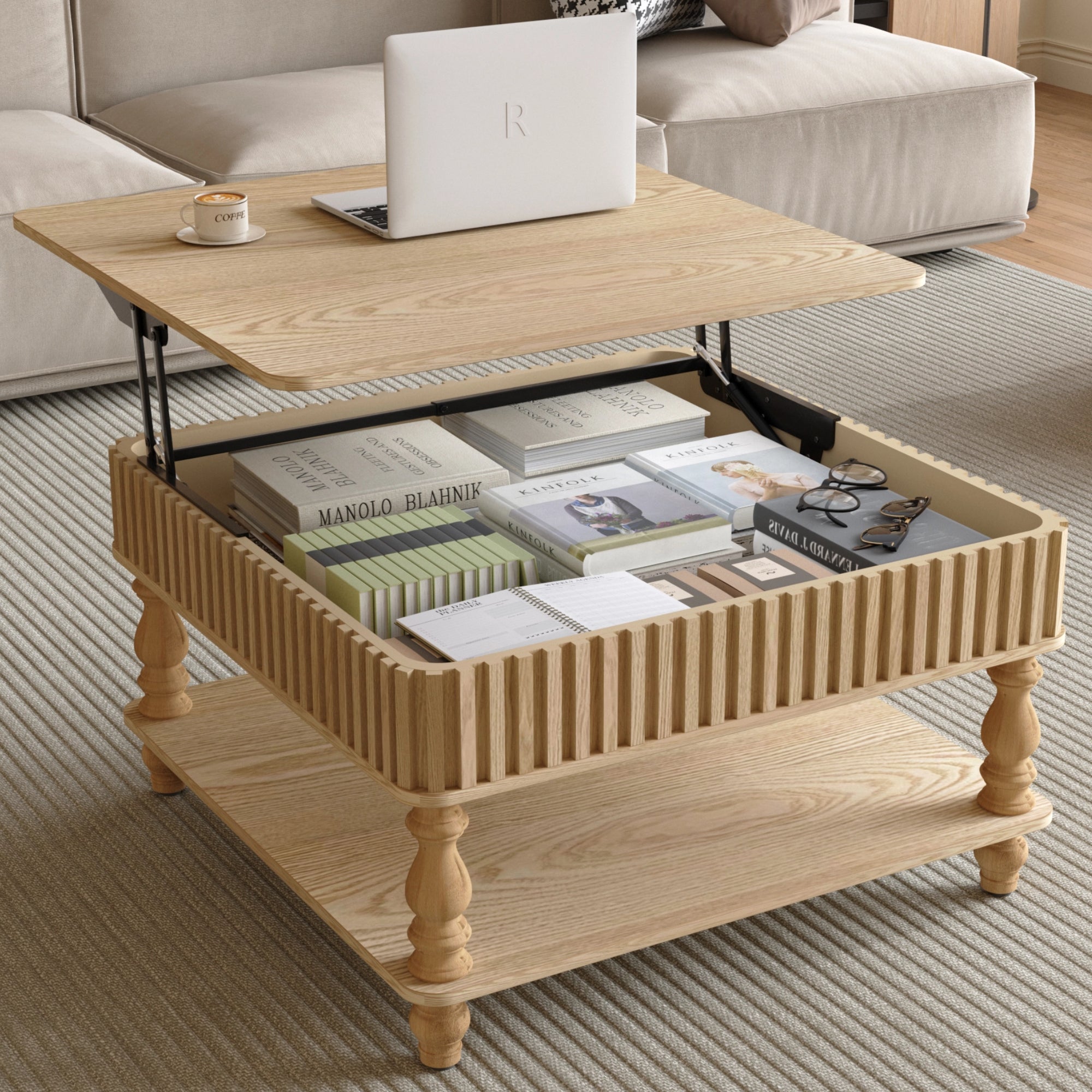 Square Fluted Lift-Top Coffee Table with Hidden & Open Storage