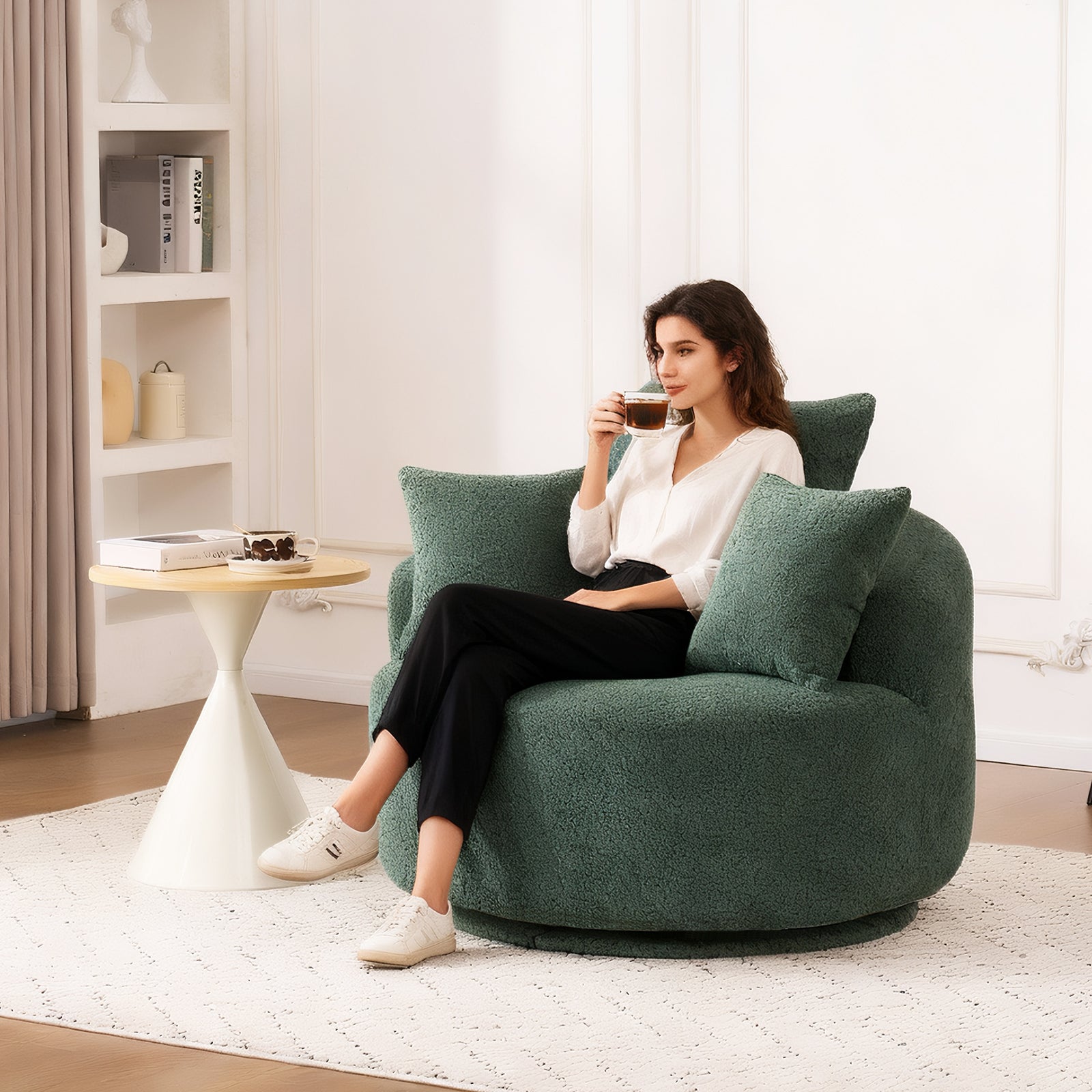 Round Armless Barrel Swivel Accent Chair with 3 Pillows