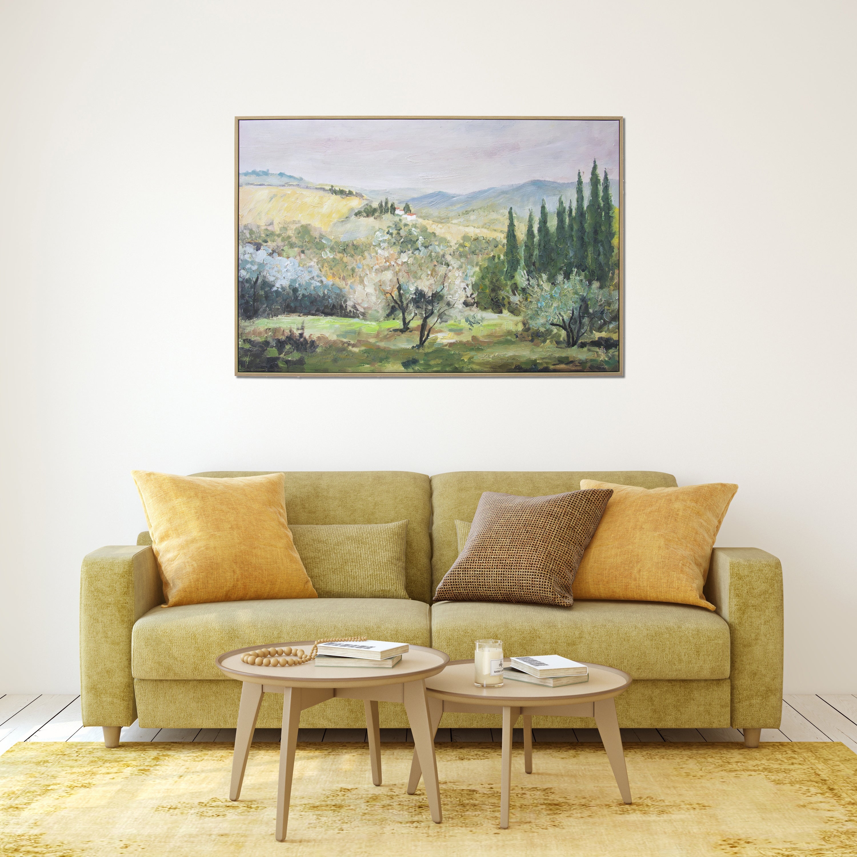 Tuscan Hills Hand Painted Floating Framed Wall Art Print 24x36 Inches