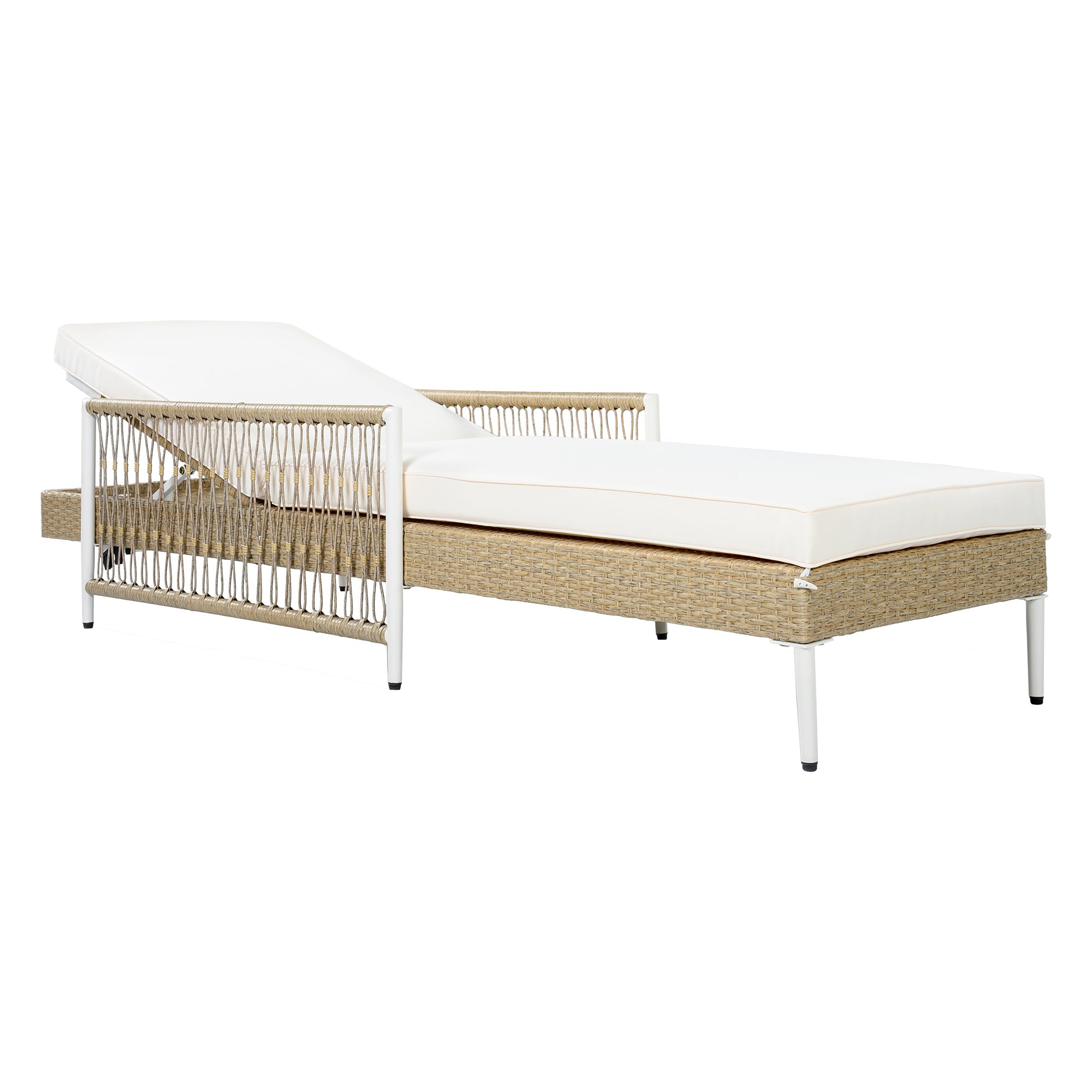 Outdoor All-Weather PE Rattan Chaise Lounge with 6 Gear Adjustable Recliner, Arms and Cushion