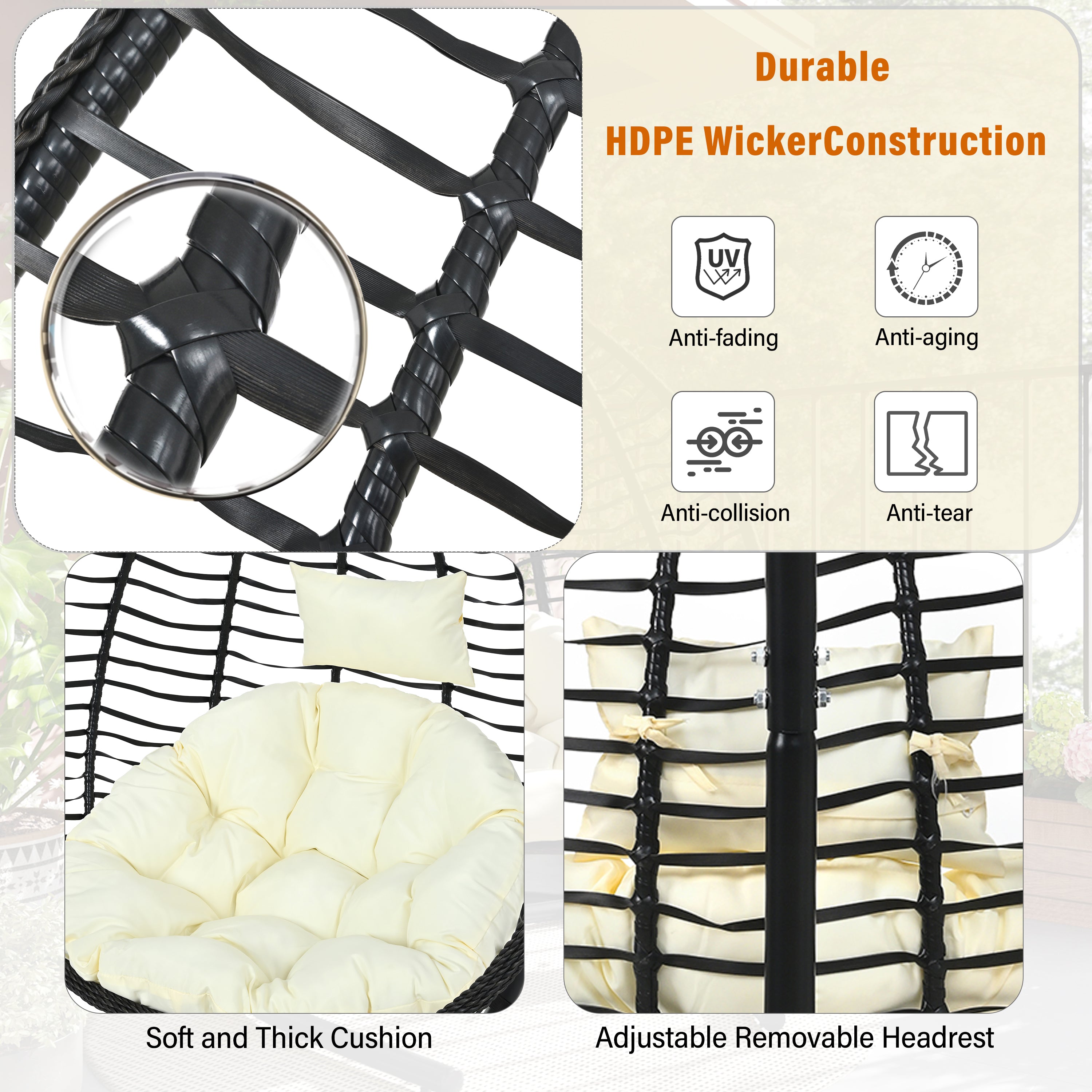 Foldable Rattan Egg Swing Chair with Iron Frame, Plush Cushion & Removable Headrest