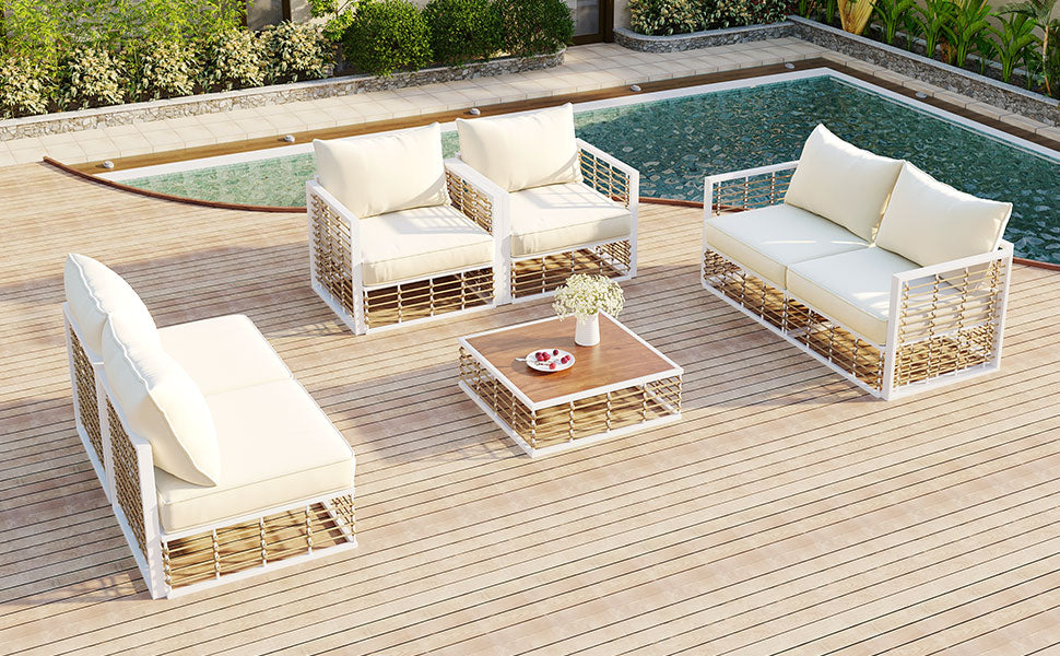 Modern Minimalist 7-Piece Metal All-Weather Conversational Furniture Set with Thick Cushions and Coffee Table