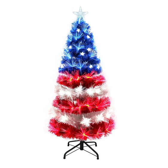 4 ft Fiber Optic & LED Patriotic Artificial Christmas/July 4th Tree with Red/White/Blue LED Lights & Metal Stand