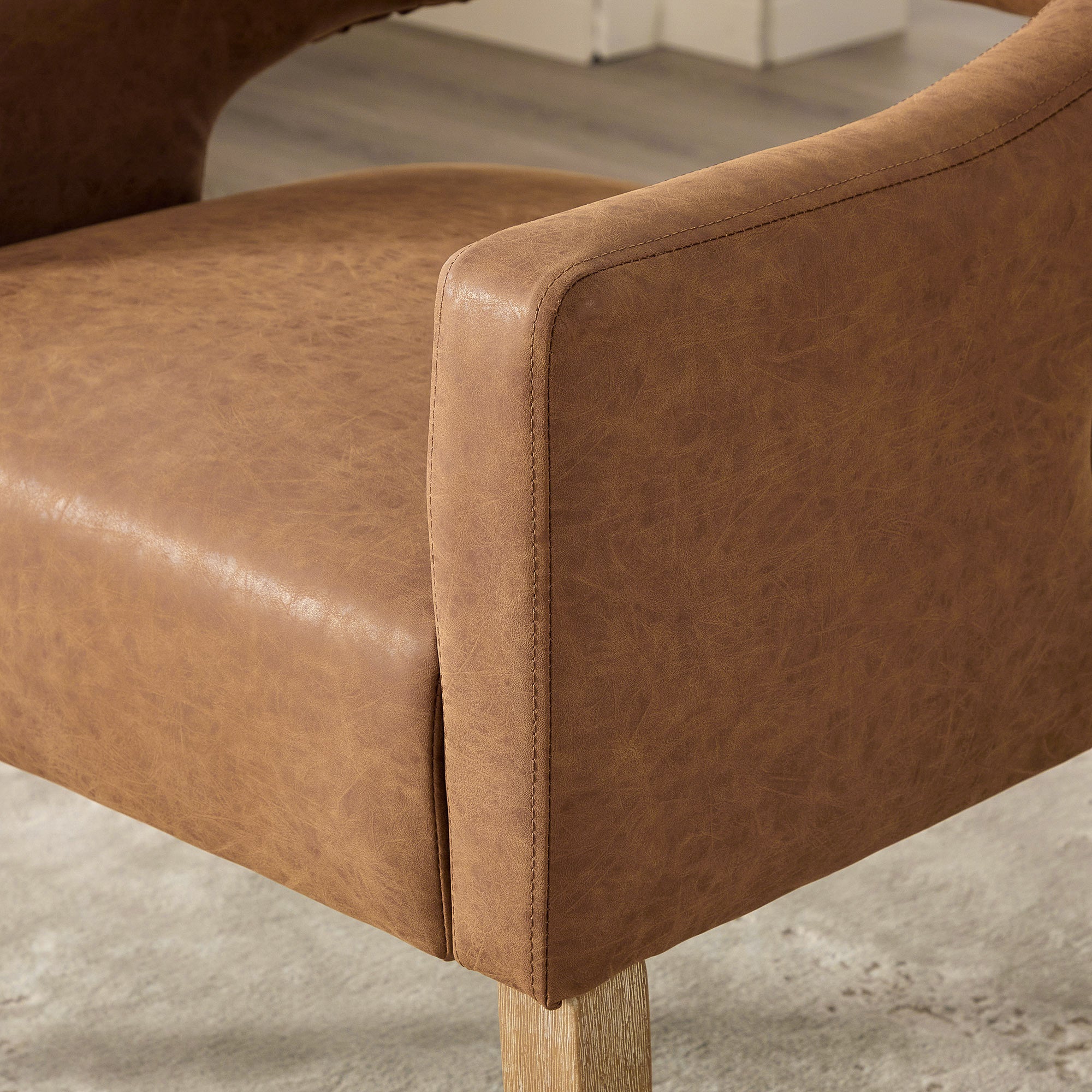 Mid-Century Modern Vegan Leather Open Back Accent Chair with Rubberwood Legs