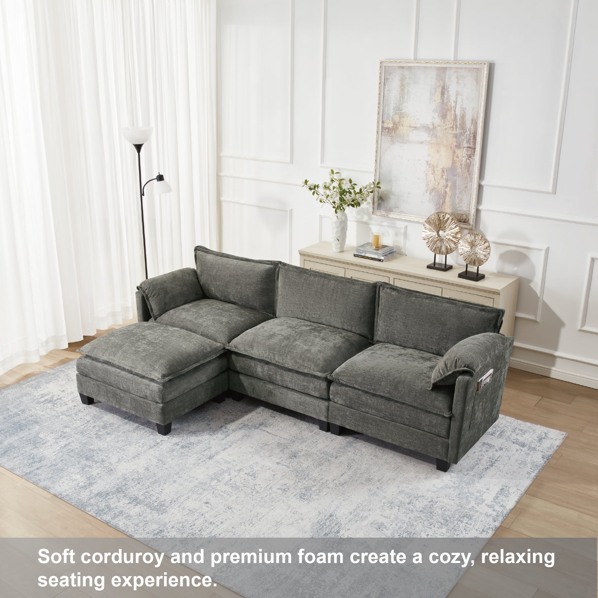 L-Shaped Corduroy Corner Sofa with Storage Armrest Cushions
