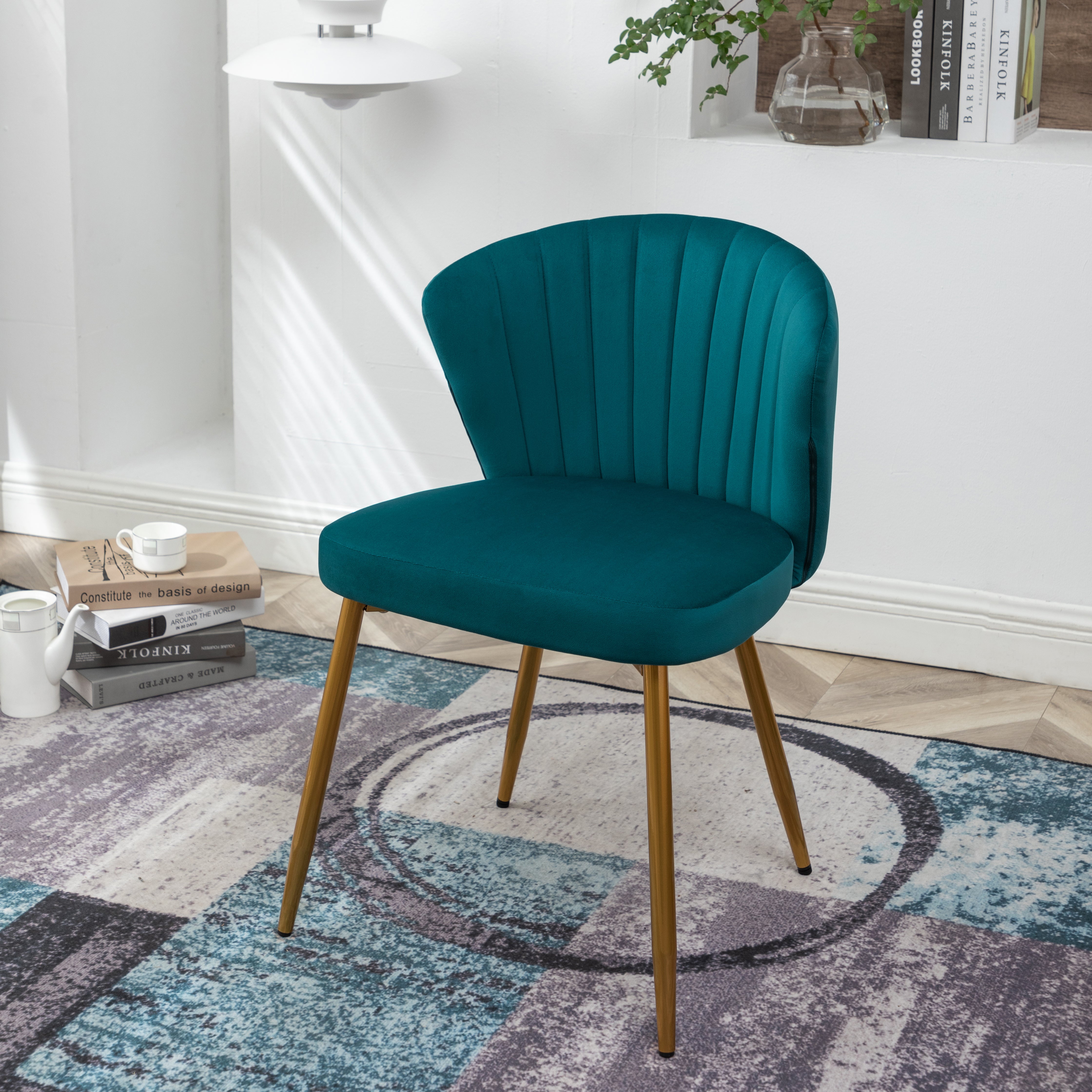 Modern Velvet Armless Accent Chair, Channel Tufted Dining Chair with Gold Metal Legs, Upholstered Side Chair for Living Room Bedroom Small Spaces