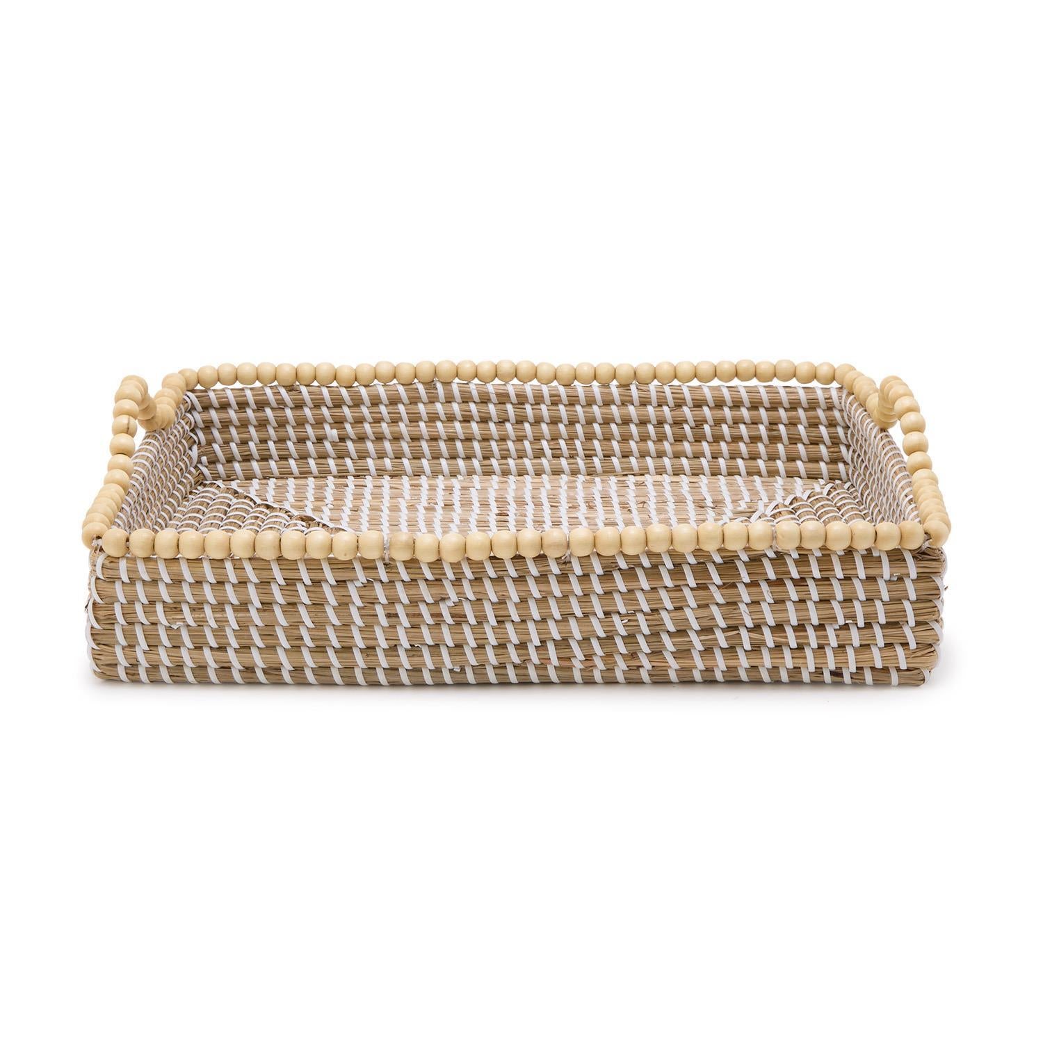 Natural Seagrass Rectangle Trays with Wooden Bead Accent, Set of 3