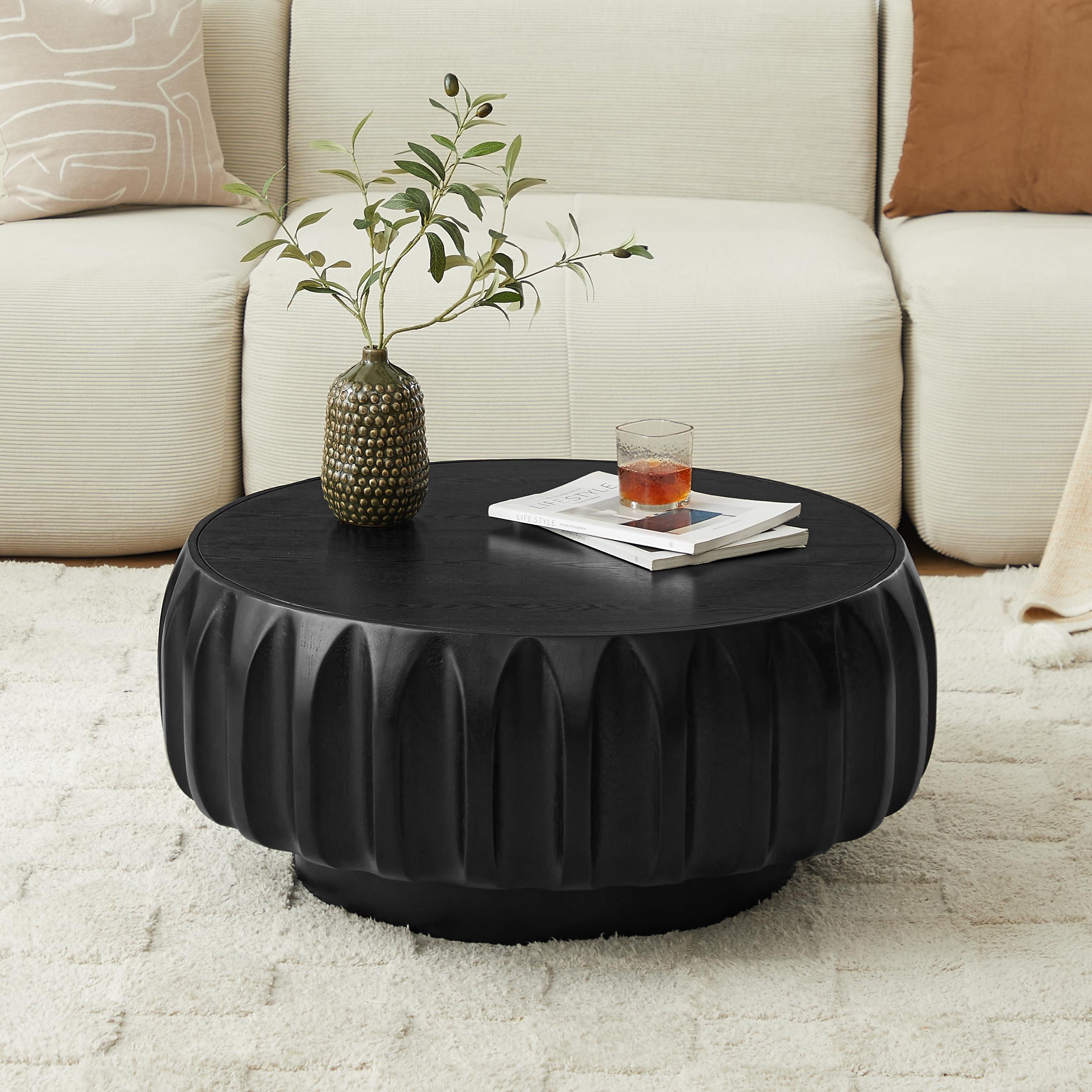 Round Solid Wood Carved Coffee Table with Elegant Sculptural Design