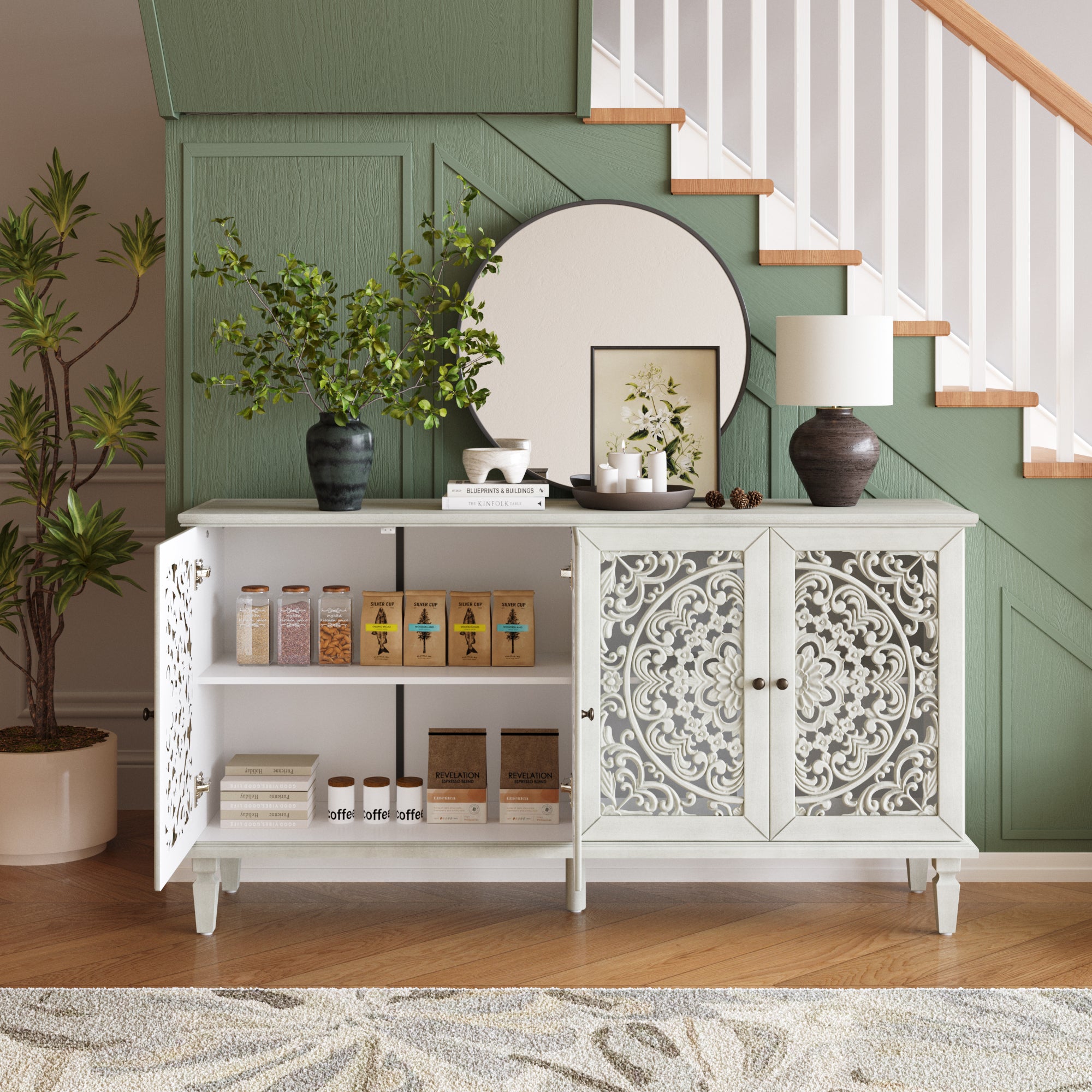 Floral Carvings Buffet Storage Cabinet White