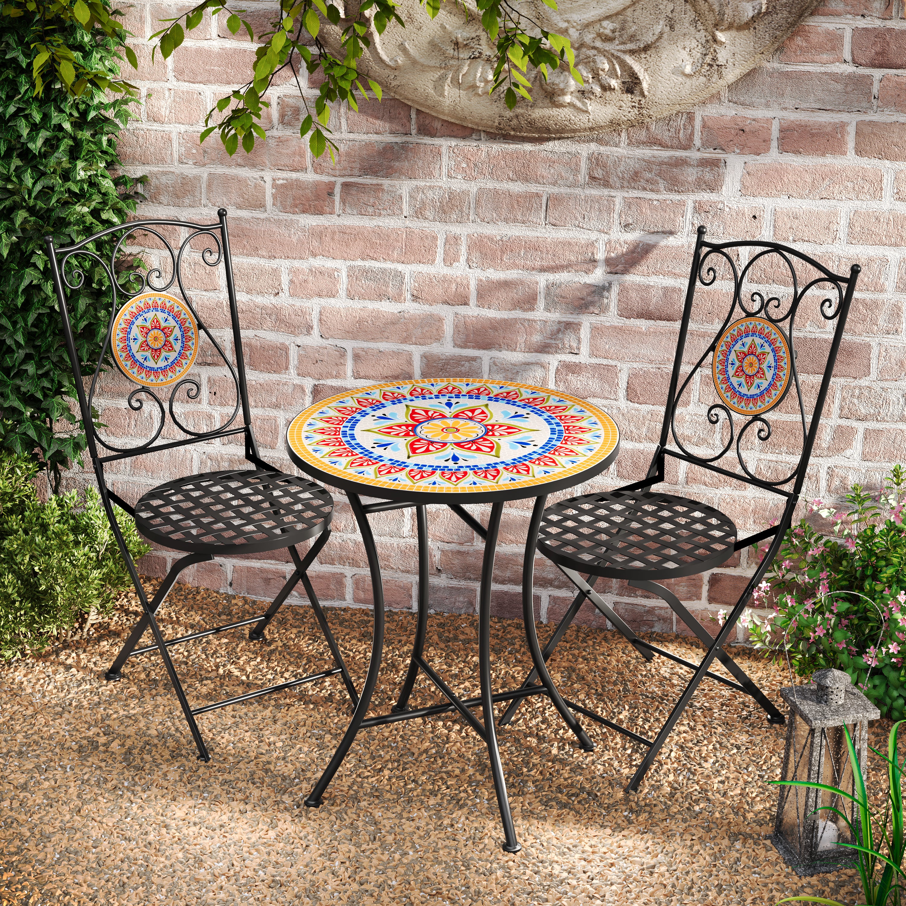 3-Piece Outdoor Chat Set with Ornate Open Scroll Pattern and Ceramic Table Top