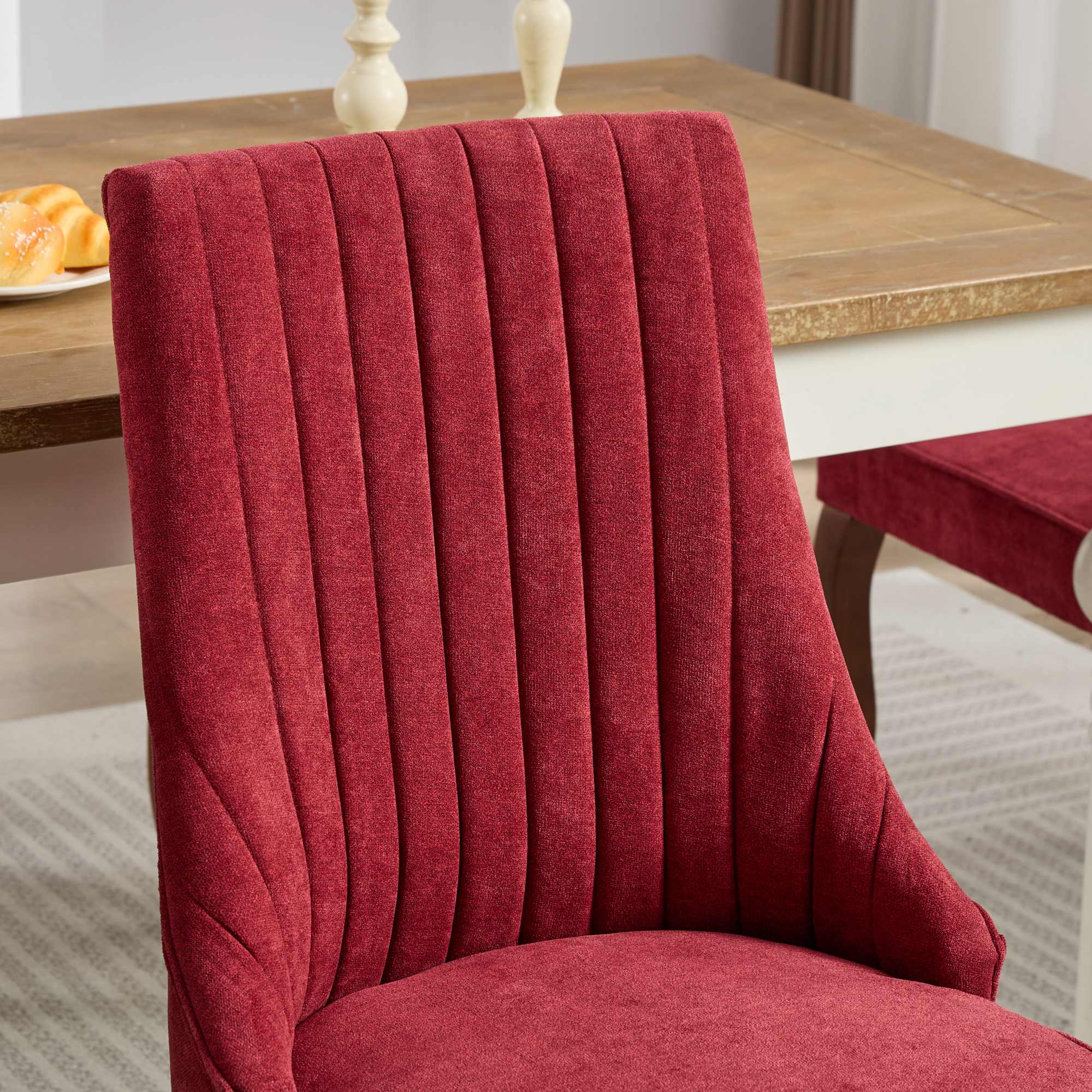 Rayon Cloth Flocking Linen Dining Chairs Channel Kitchen Dinner Chair Comfy Fabric Upholstered Accent Chair for Dining Room with Curved Solid Wood Legs,Set of 2 (Wine Red), SW1847WR
