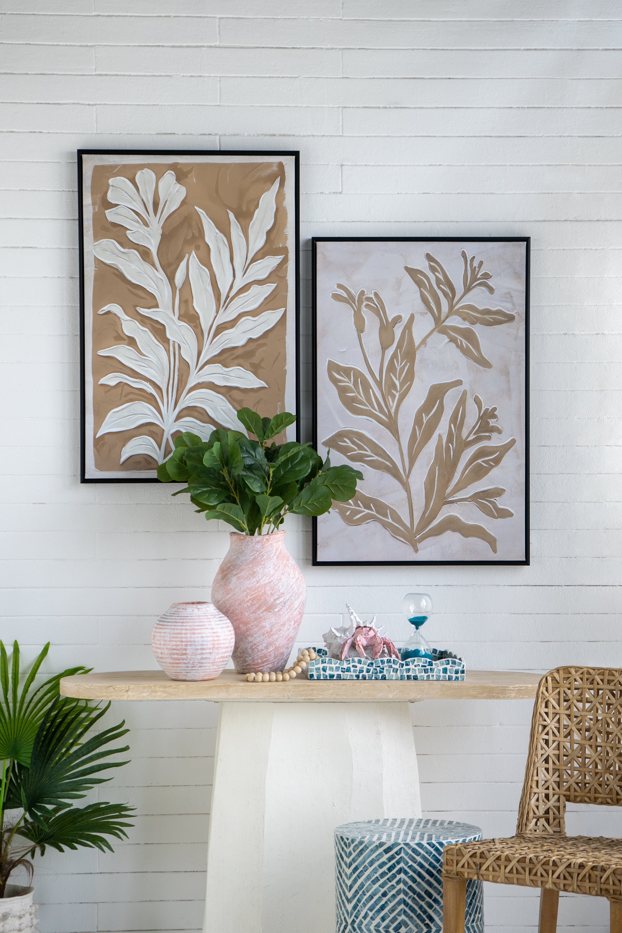 Brown and White Minimalist Leaf Paintings with Black Frame, Set of 2