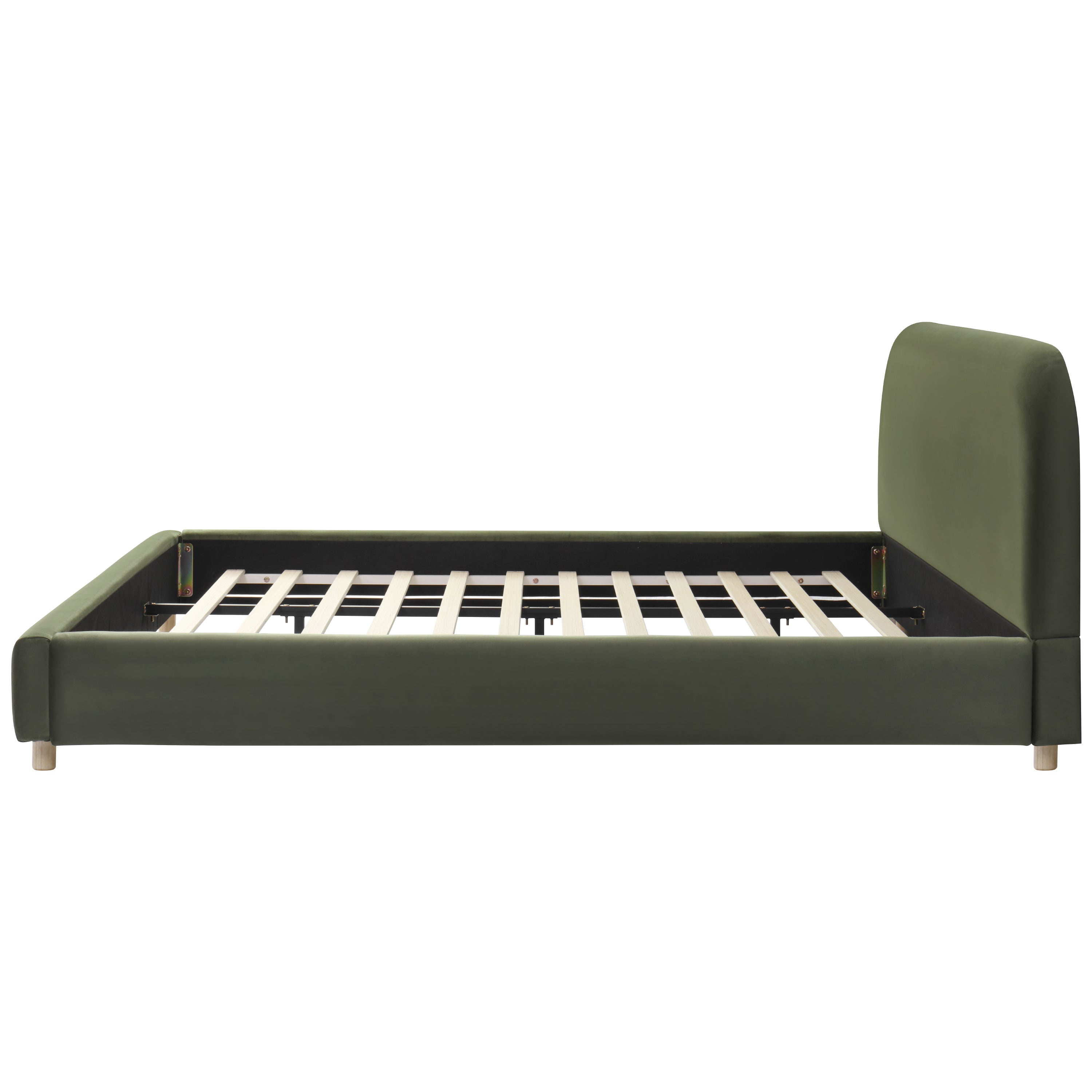 Olive Green Velvet Upholstered Platform Bed with Curve-Shaped Design Headboard