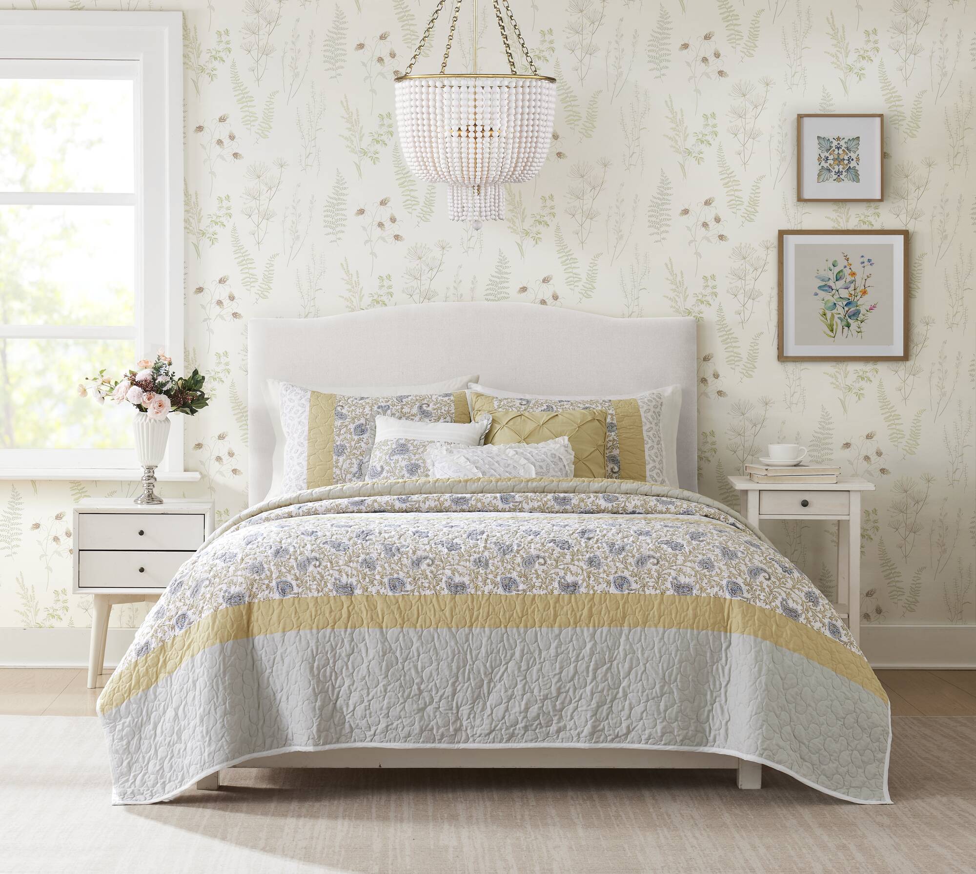 6 Piece Cotton Percale Quilt Set with Throw Pillows