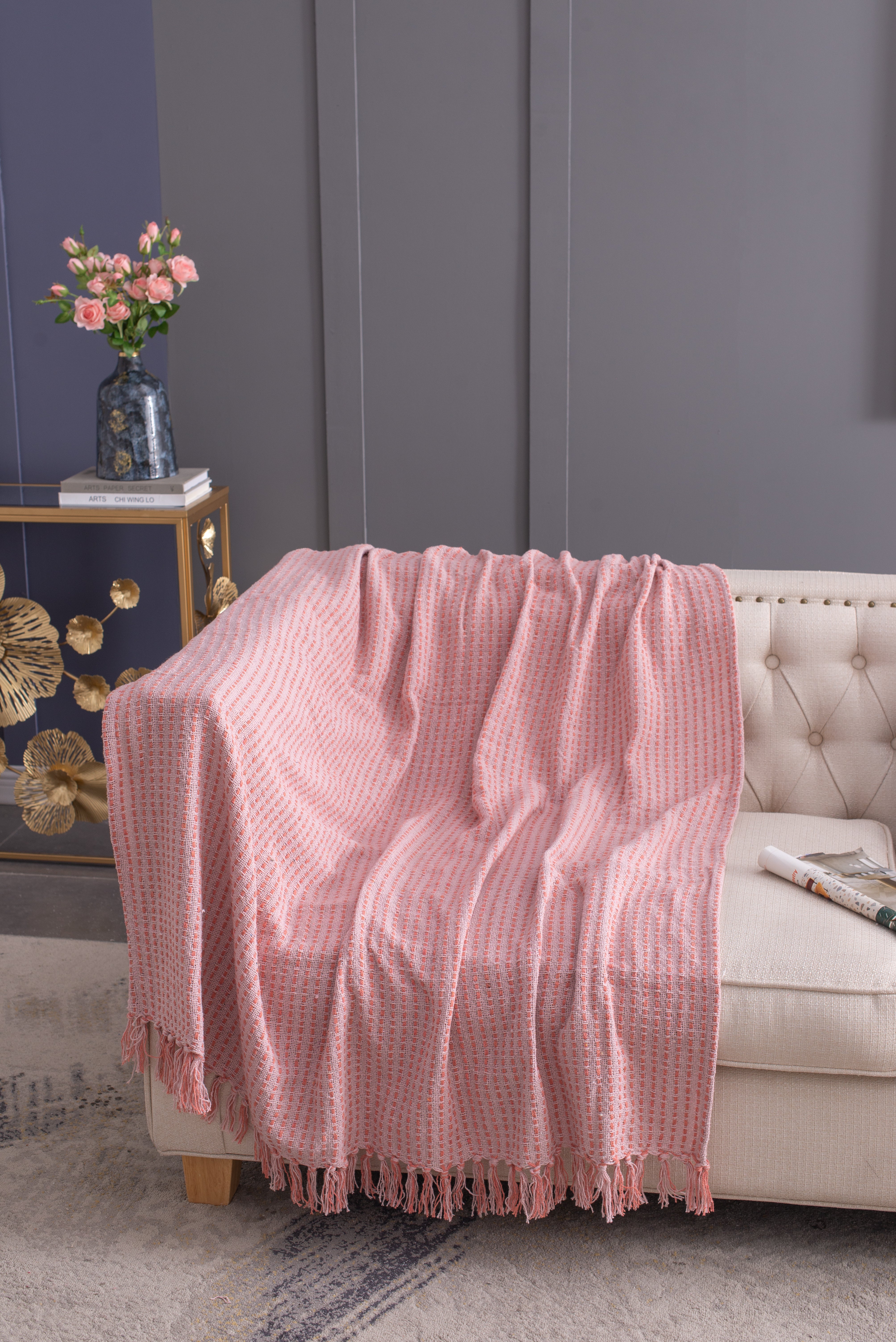 50x60' Decorative Pink Cotton Throw Blanket with Tassels, 2 Pack