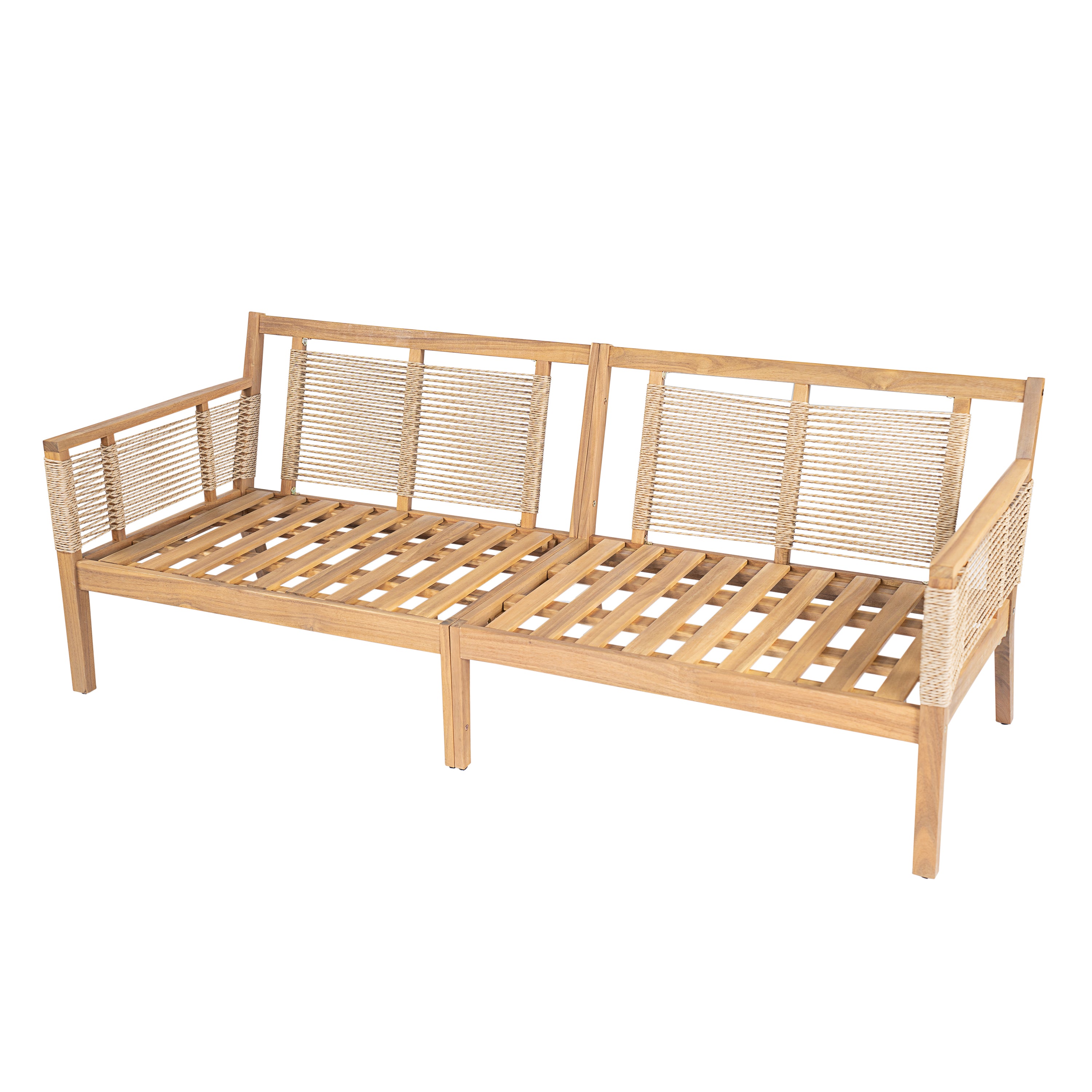 Kirana 5-Piece Outdoor Acacia Wood Hand Woven Rope Conversation Set with 3 Seater Sofa, 2 Chairs and 2 Coffee Tables