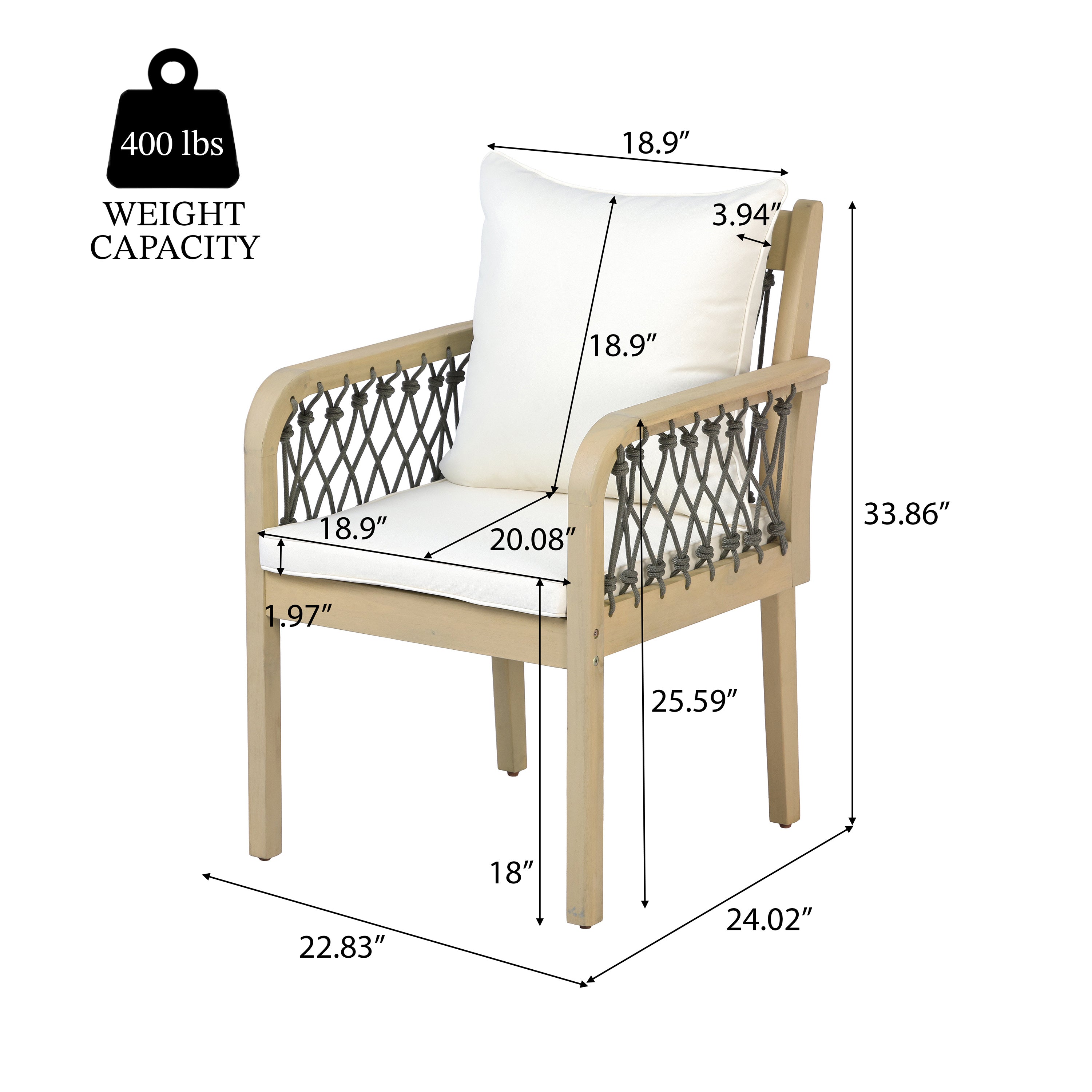 7-Piece Outdoor Acacia Wood Dining Set with Rope-Woven Armchairs, Weather-Resistant Patio Table & Chairs with Cushions,Light teak+Dark grey rope+Cream Beige cushion