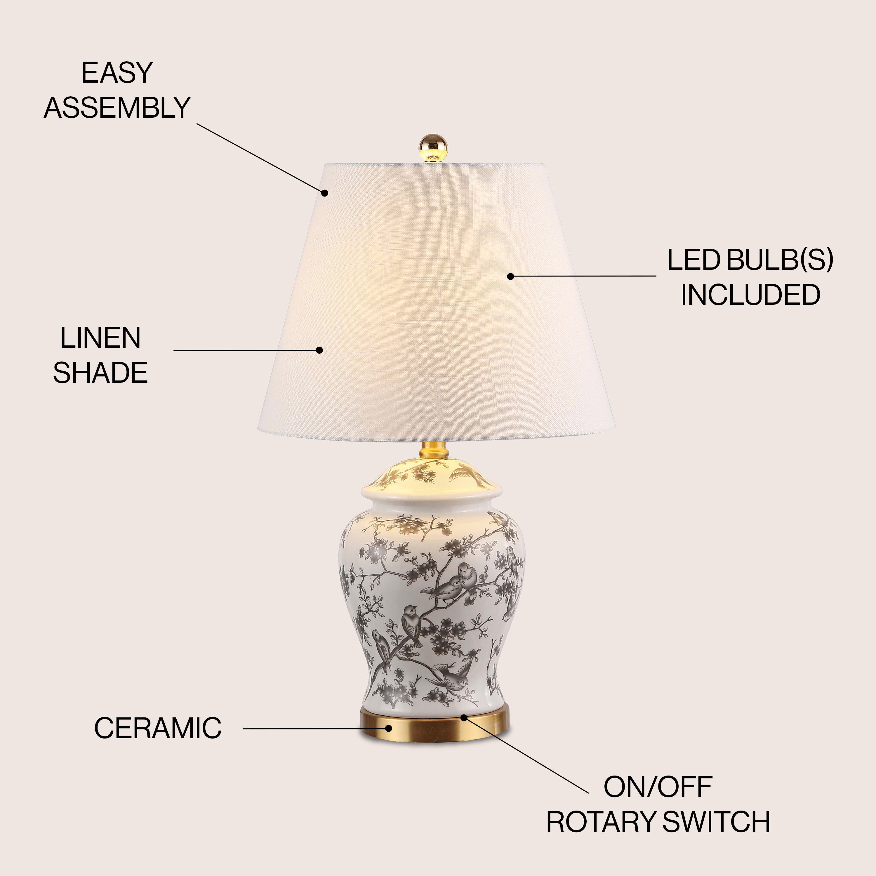 Penelope French Country Cottage Ceramic/Iron Chinoiserie Ginger Jar LED Table Lamp