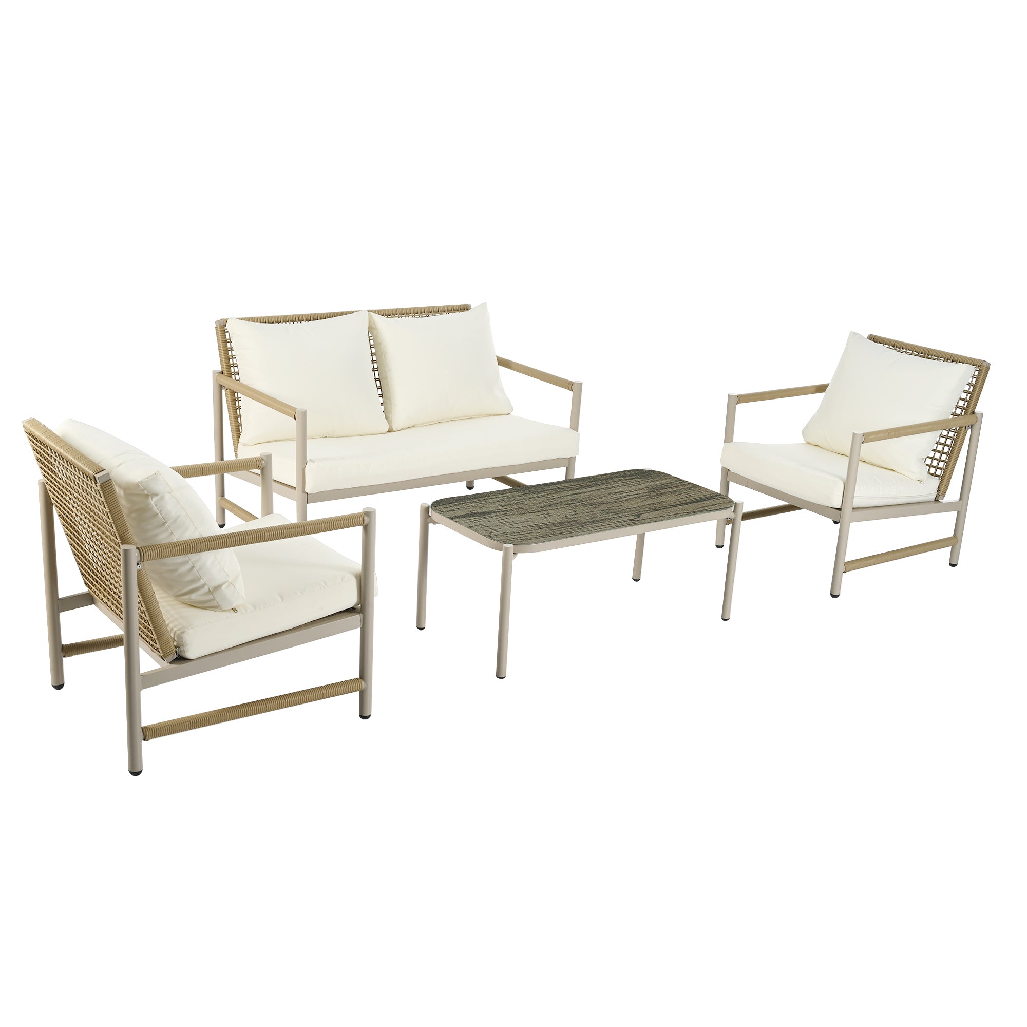 4-Piece PE Rattan Patio Set with Glass Tabletop, Loveseat and 2 Single Sofas