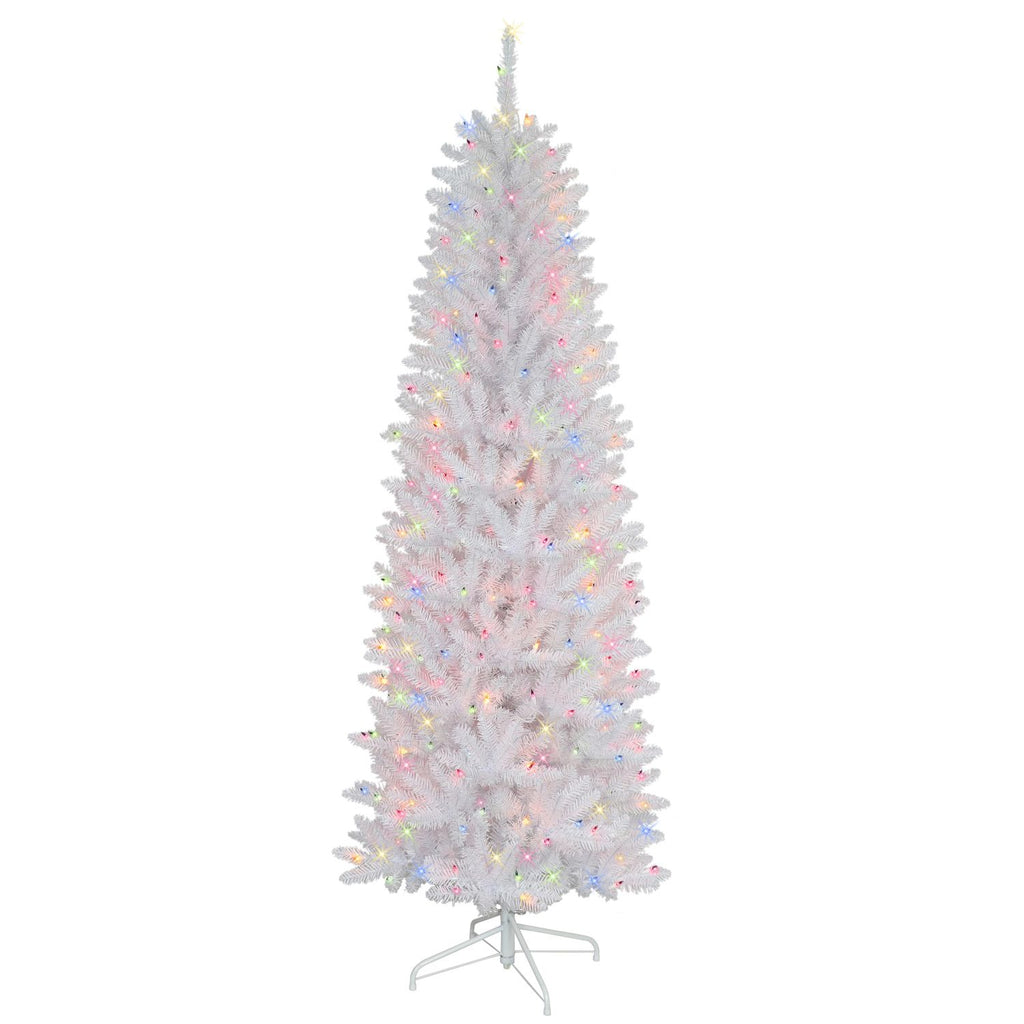 6.5 ft Pre-lit White Fraser Fir Pencil Artificial Christmas Tree with Multi-Color Lights & Metal Stand