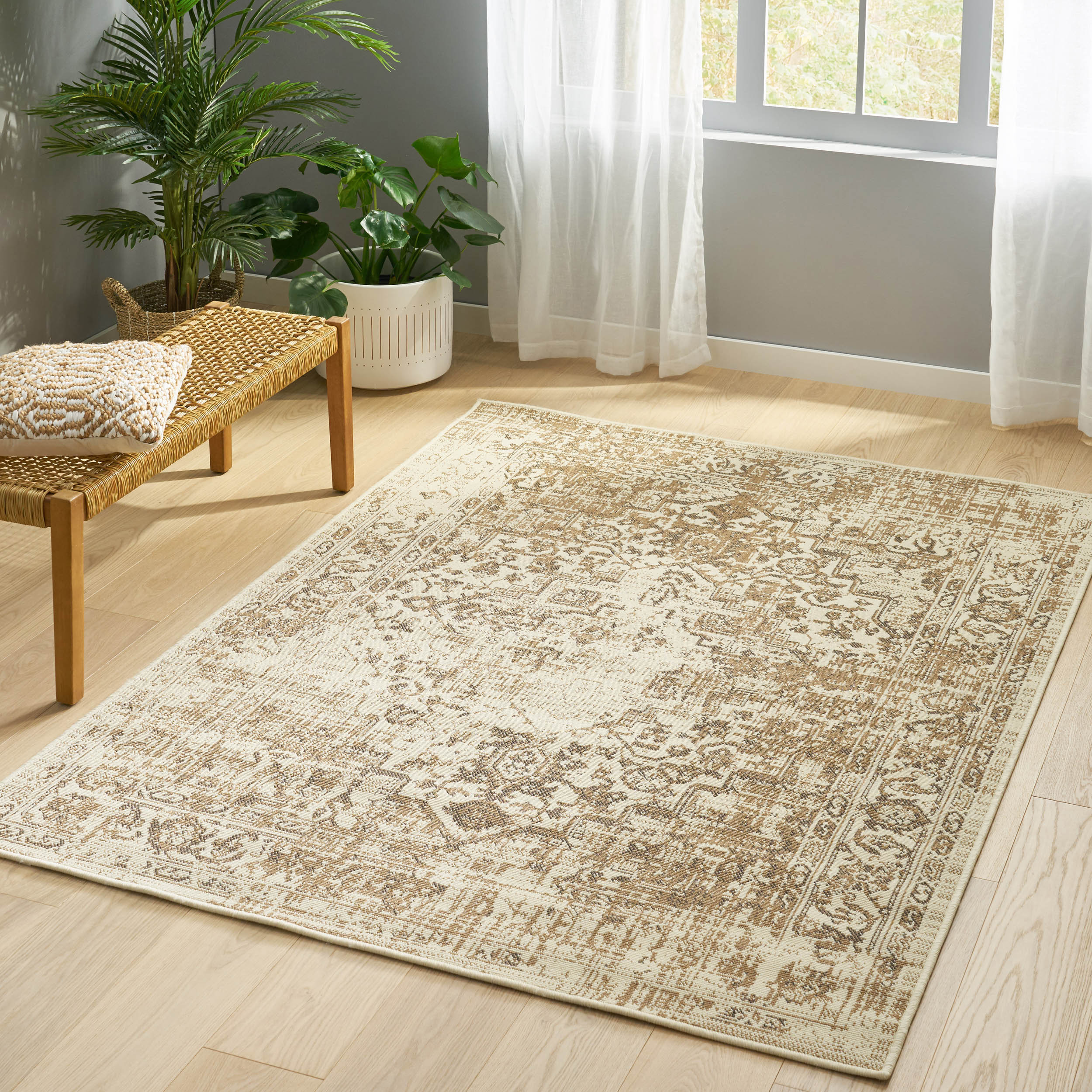 84" x 63" Outdoor Rug with Rectangle Shape and Vintage-Inspired Pattern
