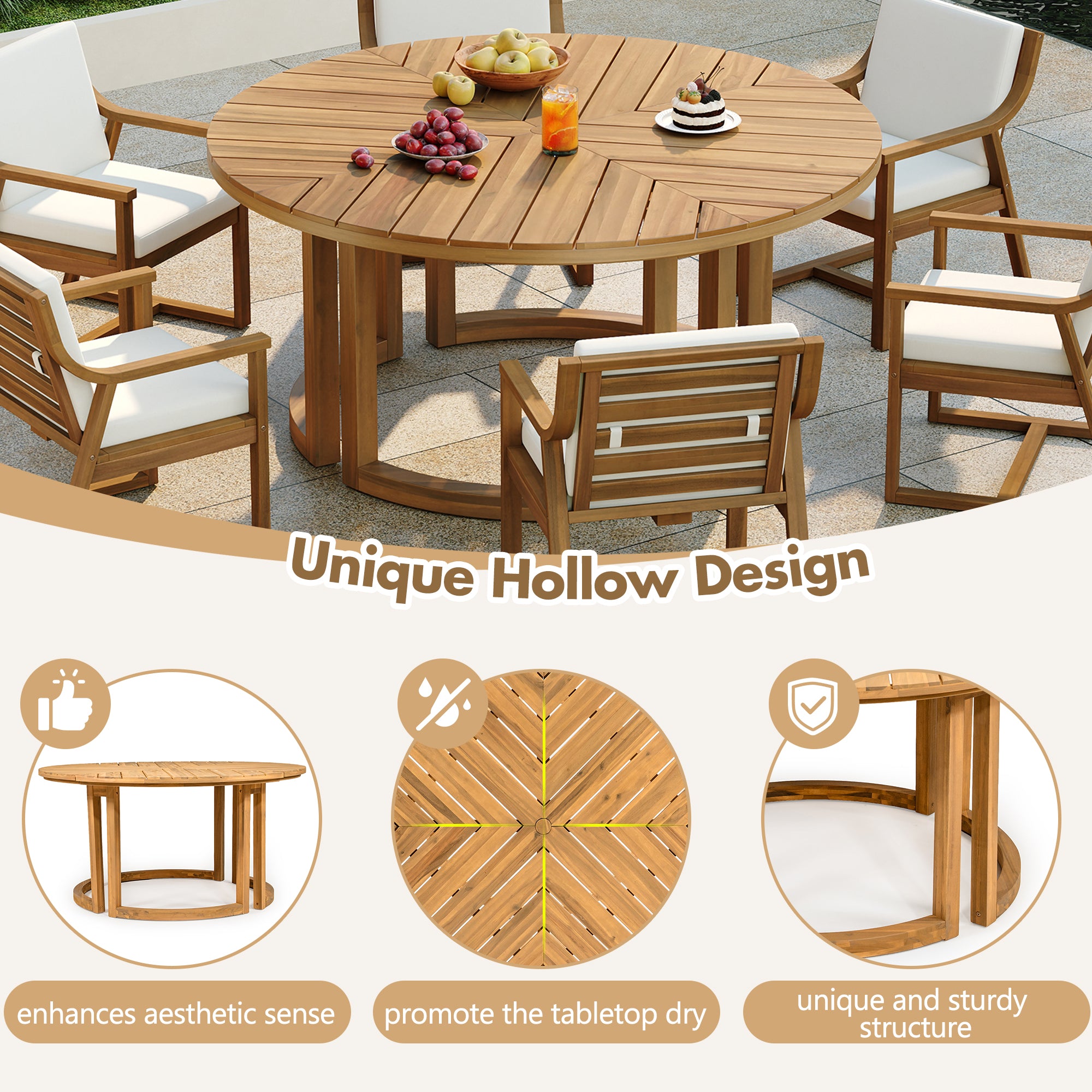 TREXM Patio Dining Table Set for 6, Round Dining Table with 1.96" Umbrella Hole, Outdoor Wooden Patio Furniture Set with Removable Cushions for Garden, Backyard and Pools (Light Teak+Beige Cushion)