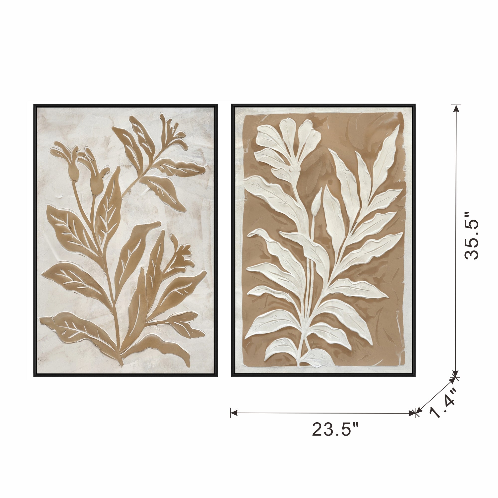 Brown and White Minimalist Leaf Paintings with Black Frame, Set of 2