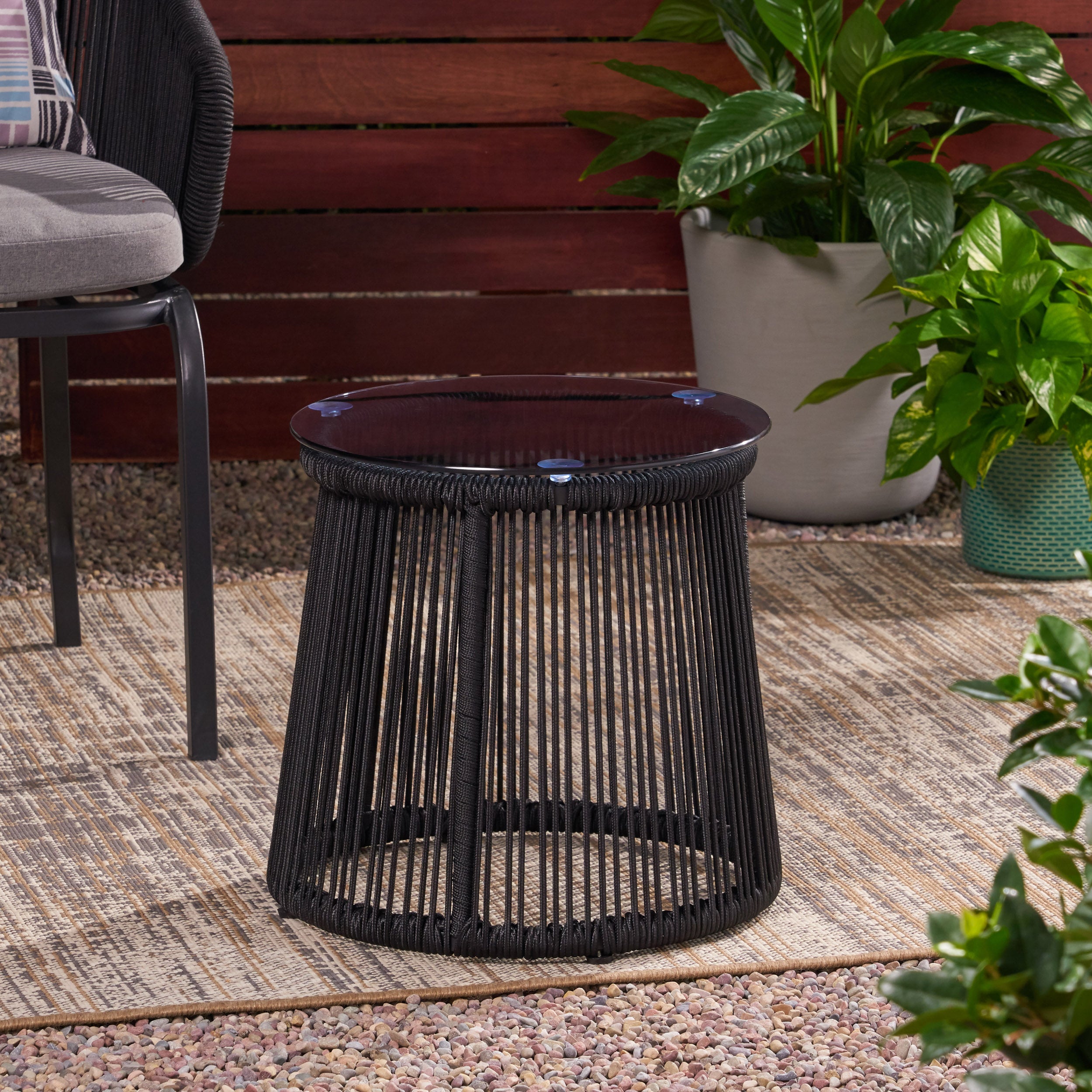 Outdoor End Table with Drum-Shaped Base and Tempered Glass Top