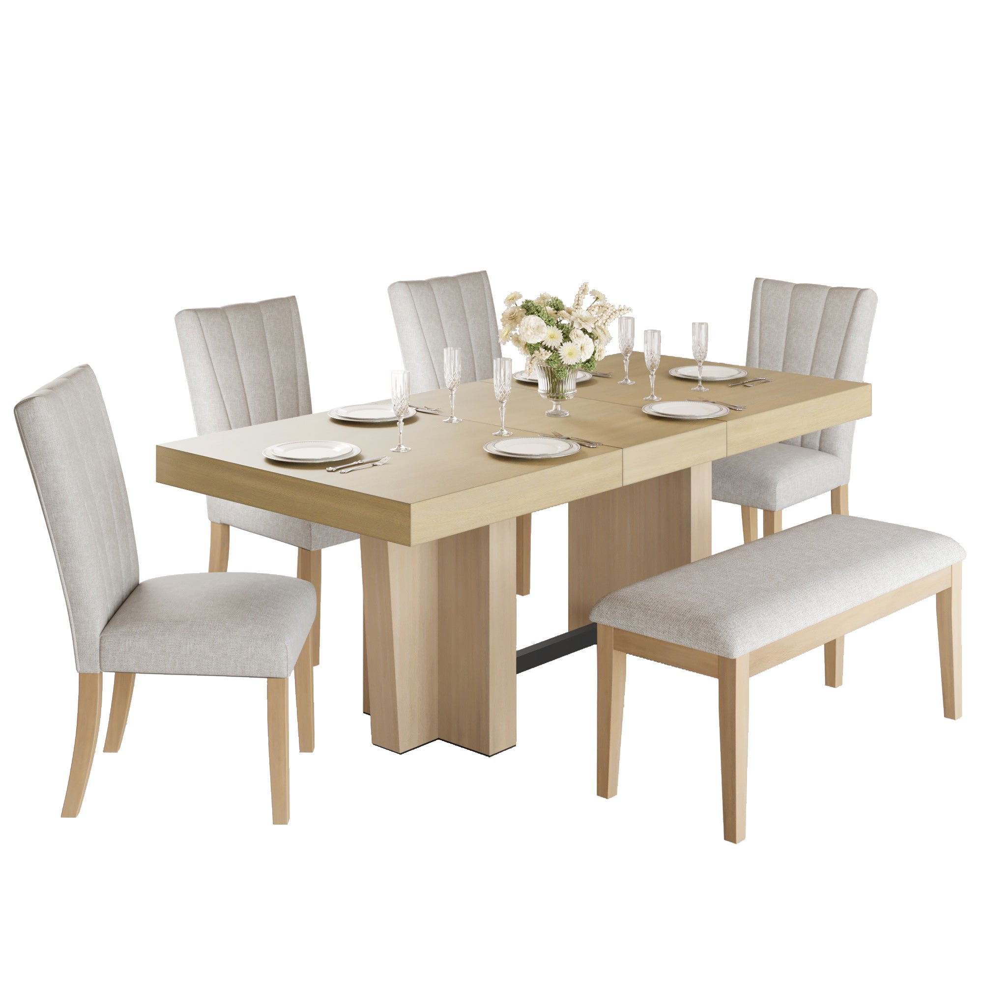 Meadowlark Farmhouse Extendable Wood Dining Table with 4 Upholstered Chairs & Bench