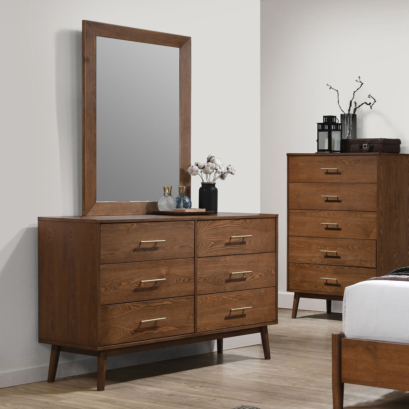 Walnut Dresser with Nickle Bar Pullsand Round Tapered Legs