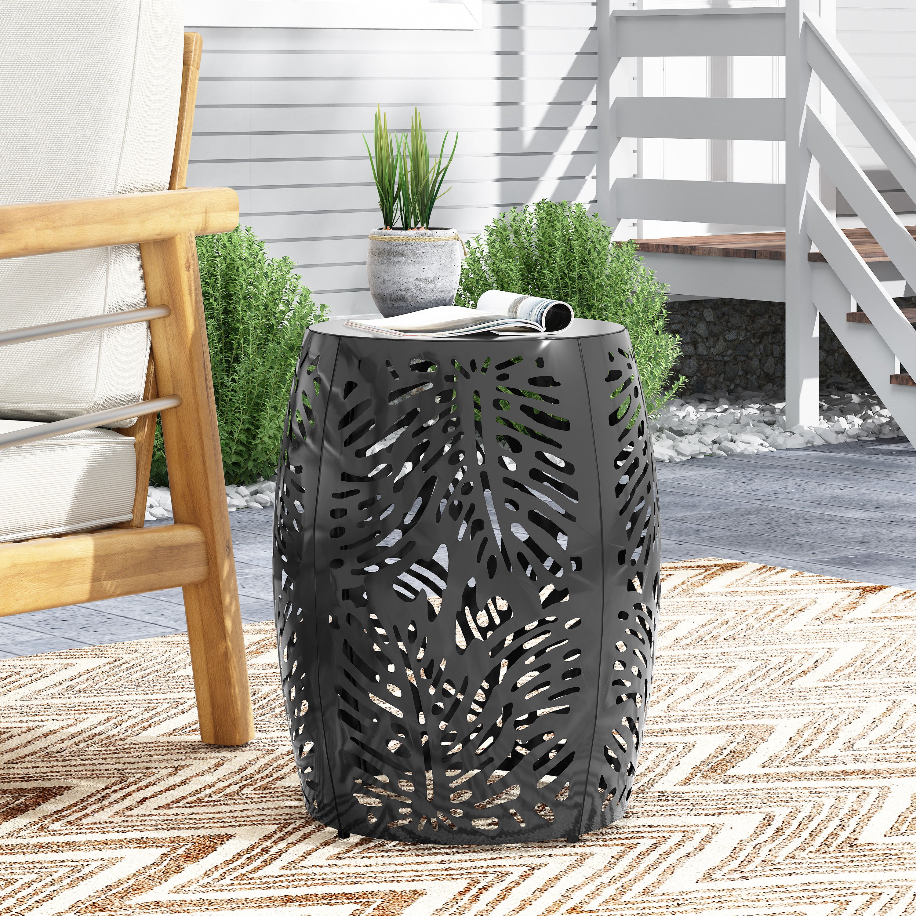 Rebirth Outdoor End Table with Tropical Palm Leaf Pattern and Iron Frame