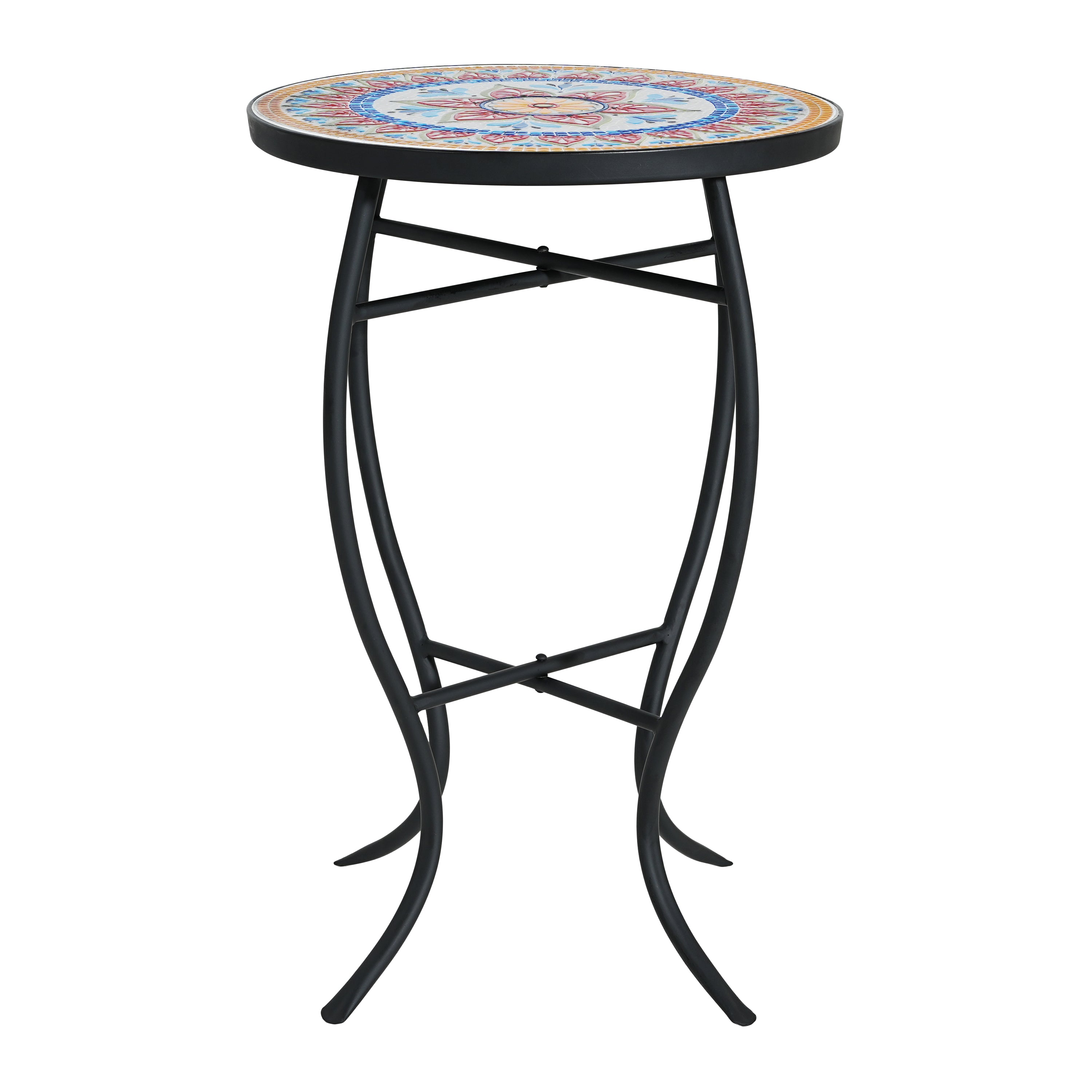 Outdoor Round Side Table with Mosaic-Style Top and Curved Iron Legs - Multi-color
